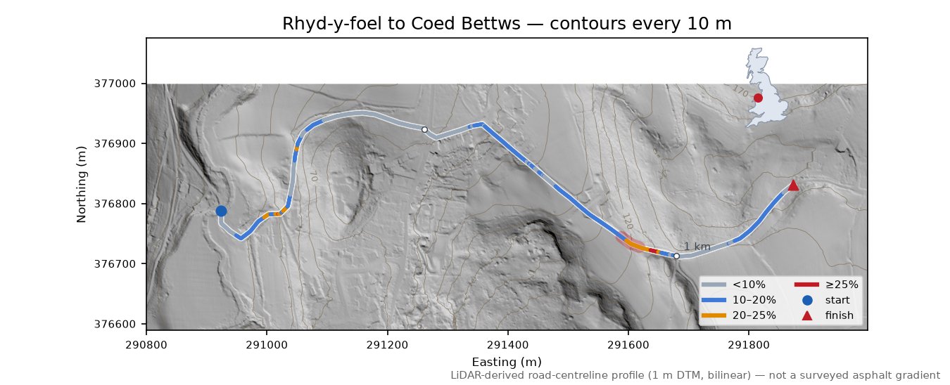 Rhyd-y-foel to Coed Bettws LiDAR hillshade map with contours