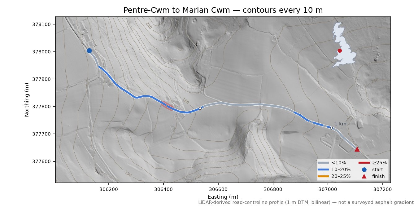 Pentre-Cwm to Marian Cwm LiDAR hillshade map with contours