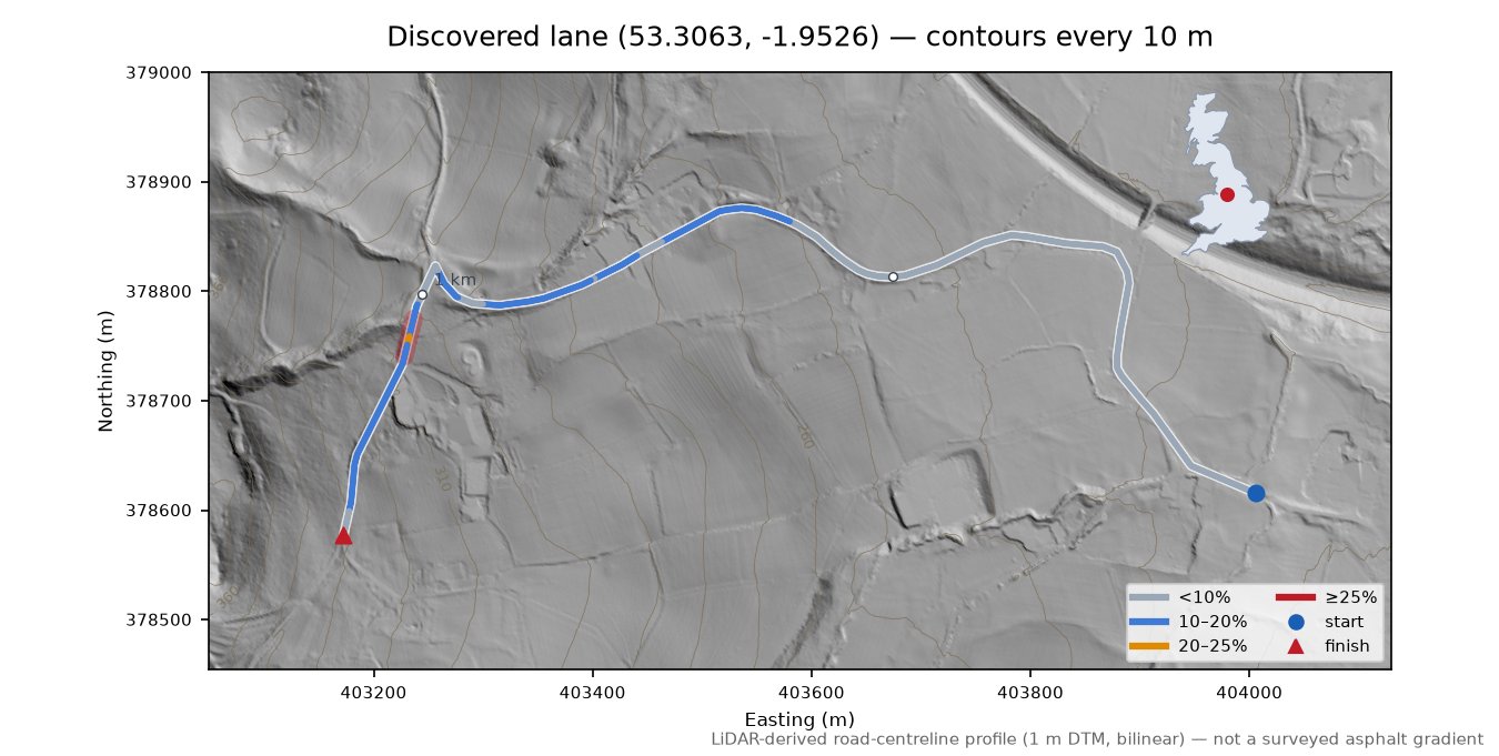 Discovered lane (53.3063, -1.9526) LiDAR hillshade map with contours