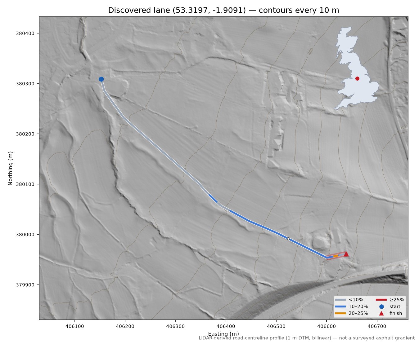 Discovered lane (53.3197, -1.9091) LiDAR hillshade map with contours