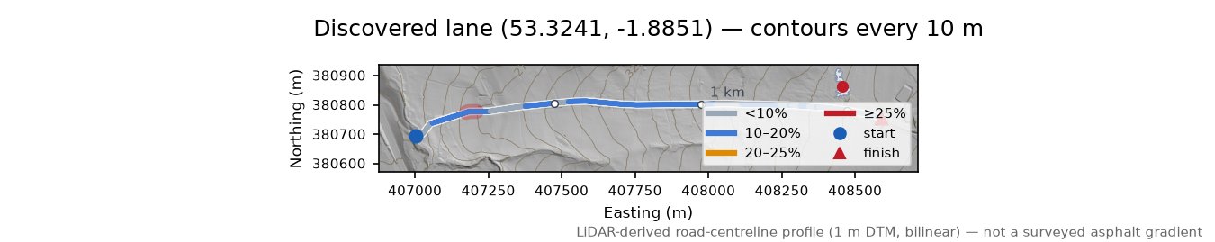 Discovered lane (53.3241, -1.8851) LiDAR hillshade map with contours