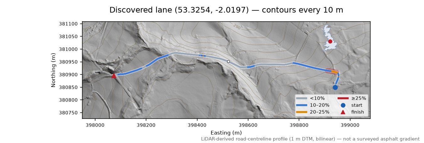 Discovered lane (53.3254, -2.0197) LiDAR hillshade map with contours
