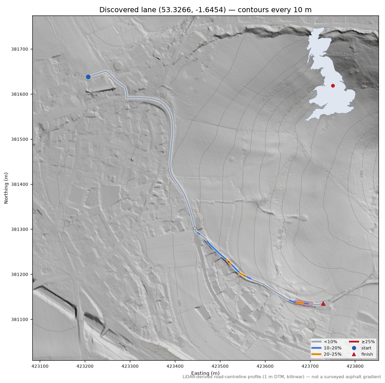 Discovered lane (53.3266, -1.6454) LiDAR hillshade map with contours