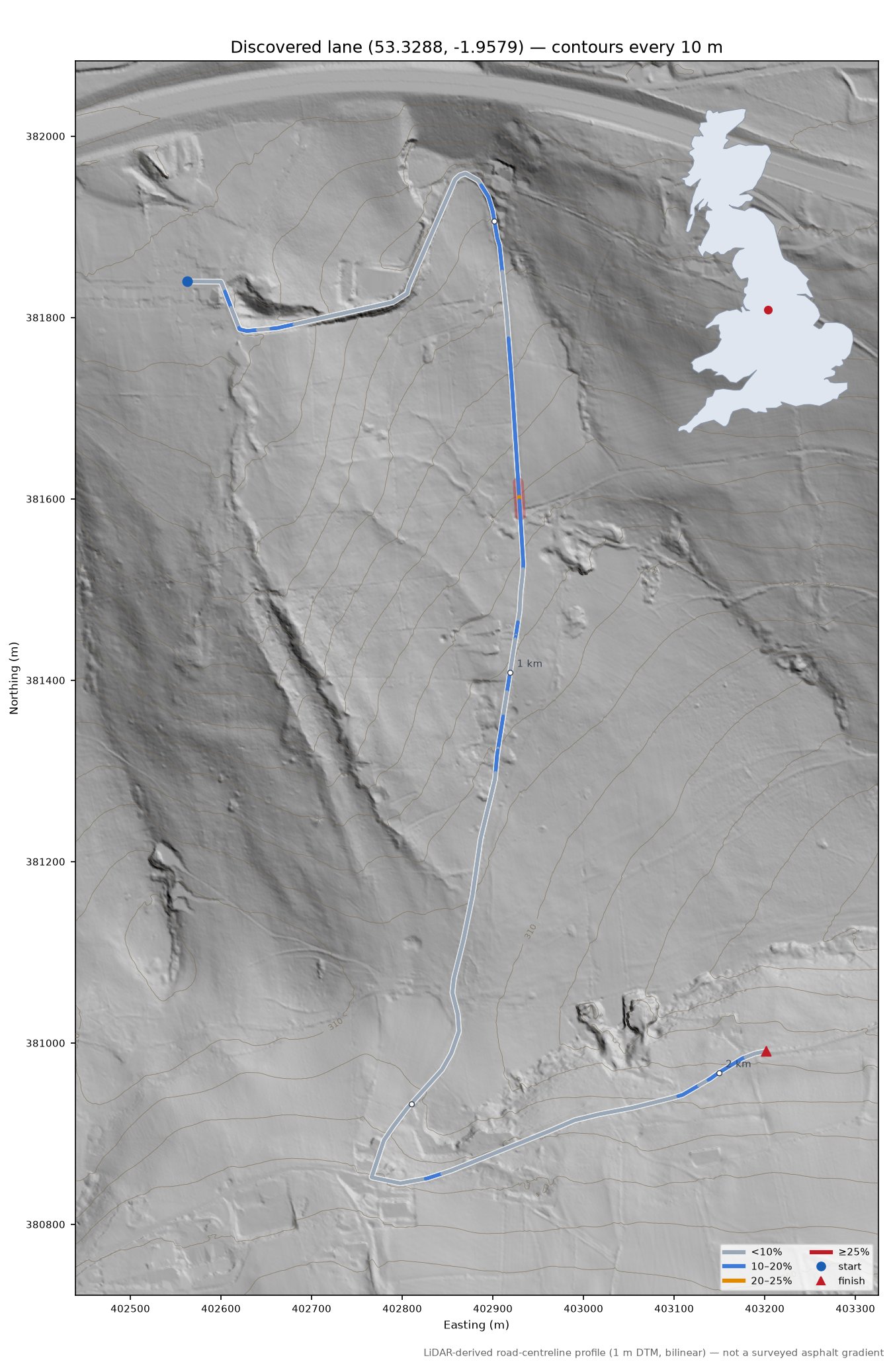 Discovered lane (53.3288, -1.9579) LiDAR hillshade map with contours