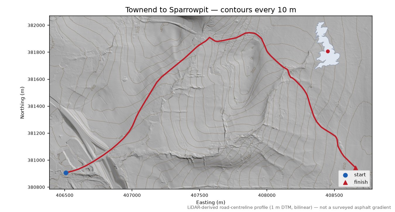 Townend to Sparrowpit LiDAR hillshade map with contours