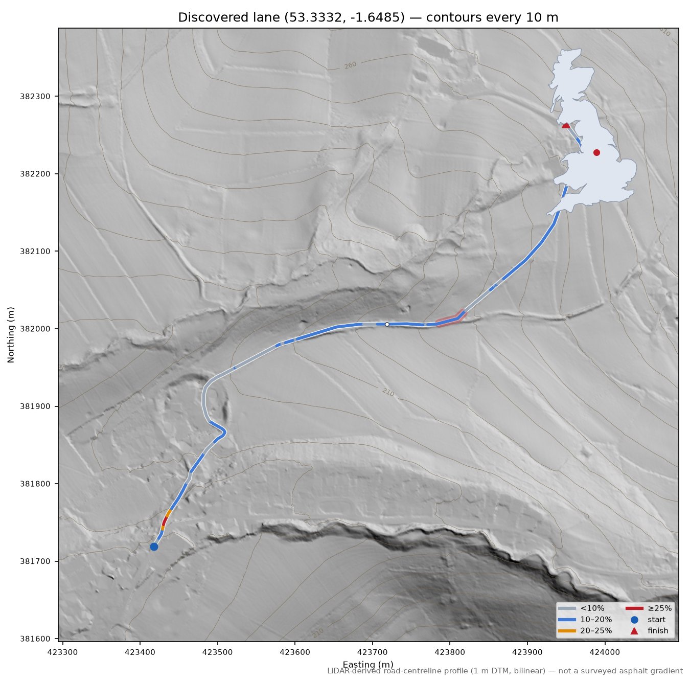 Discovered lane (53.3332, -1.6485) LiDAR hillshade map with contours