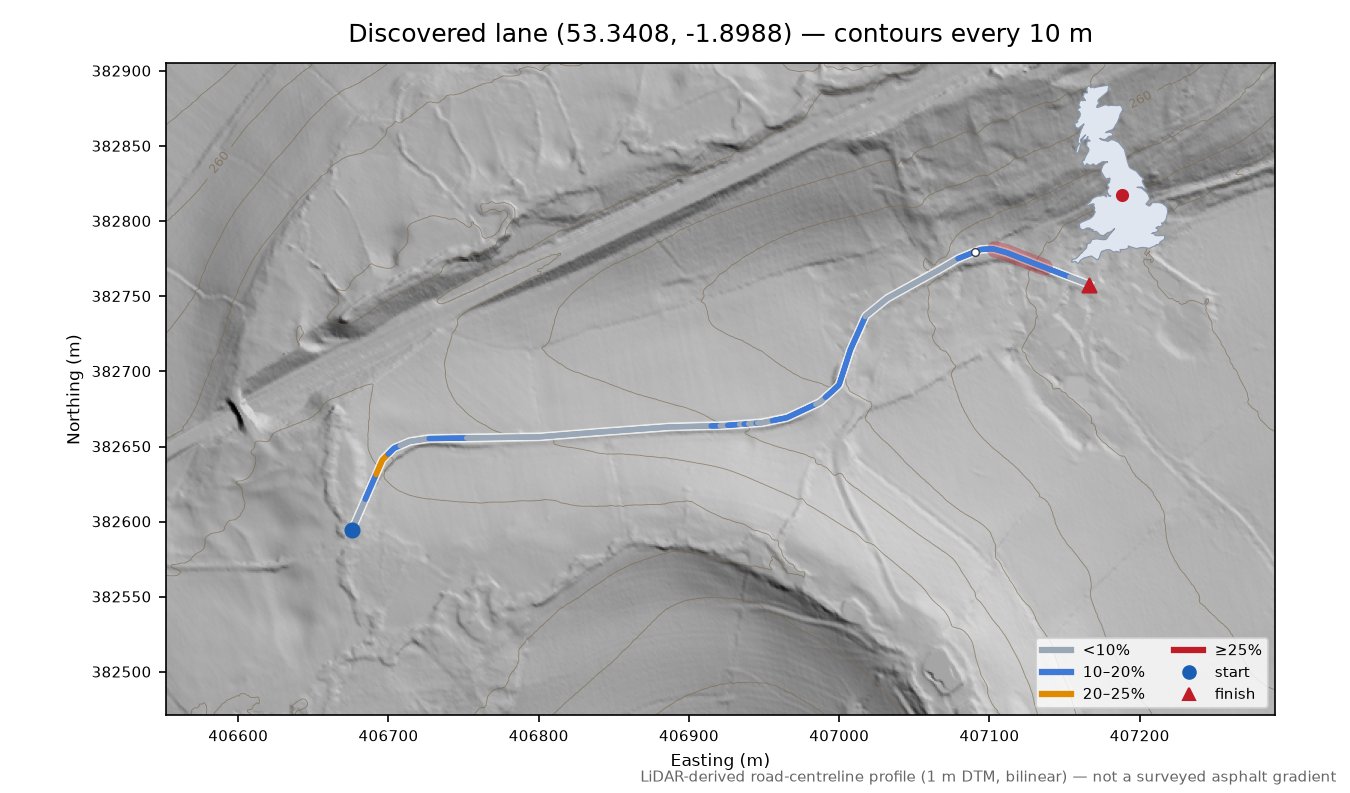 Discovered lane (53.3408, -1.8988) LiDAR hillshade map with contours