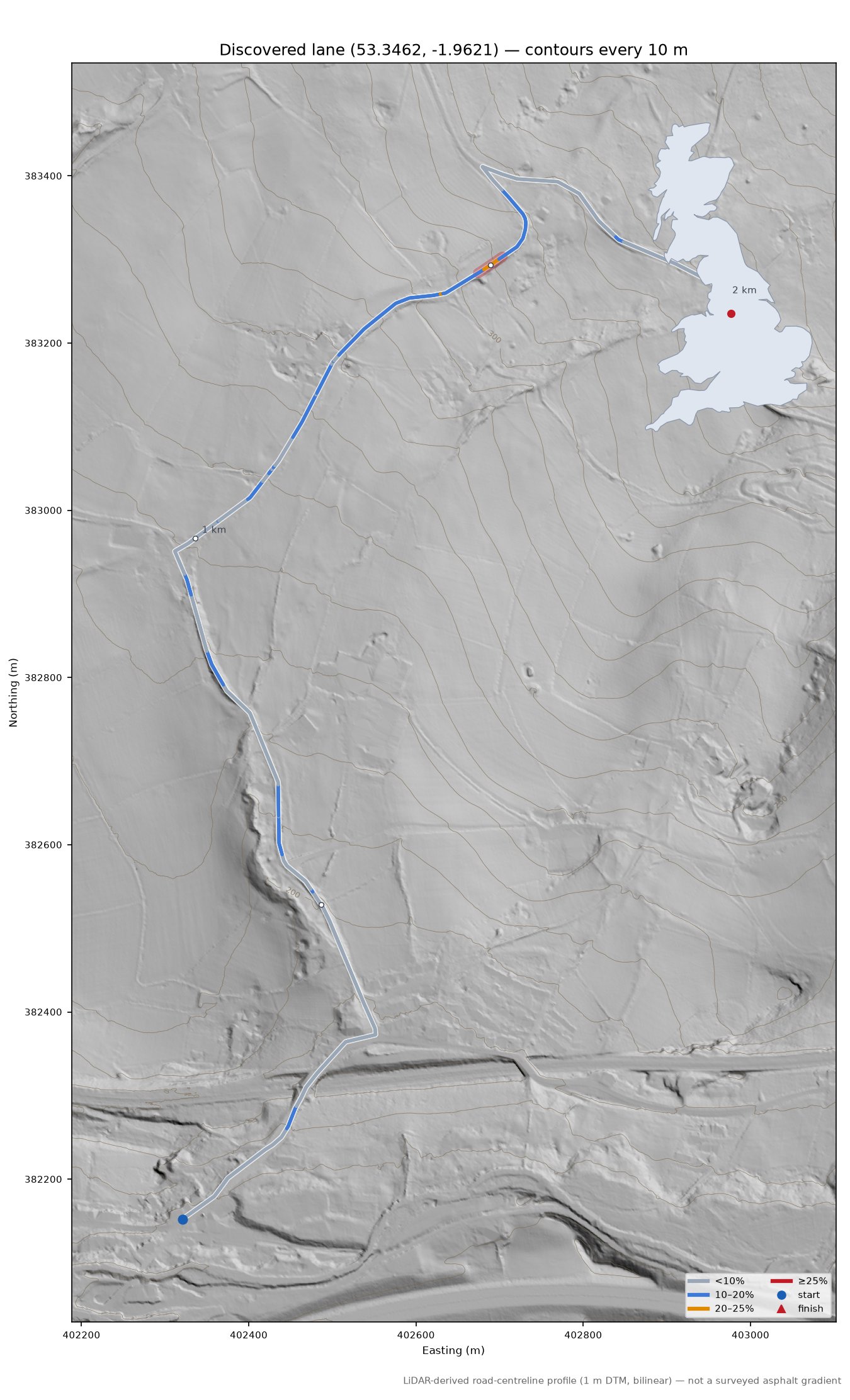 Discovered lane (53.3462, -1.9621) LiDAR hillshade map with contours