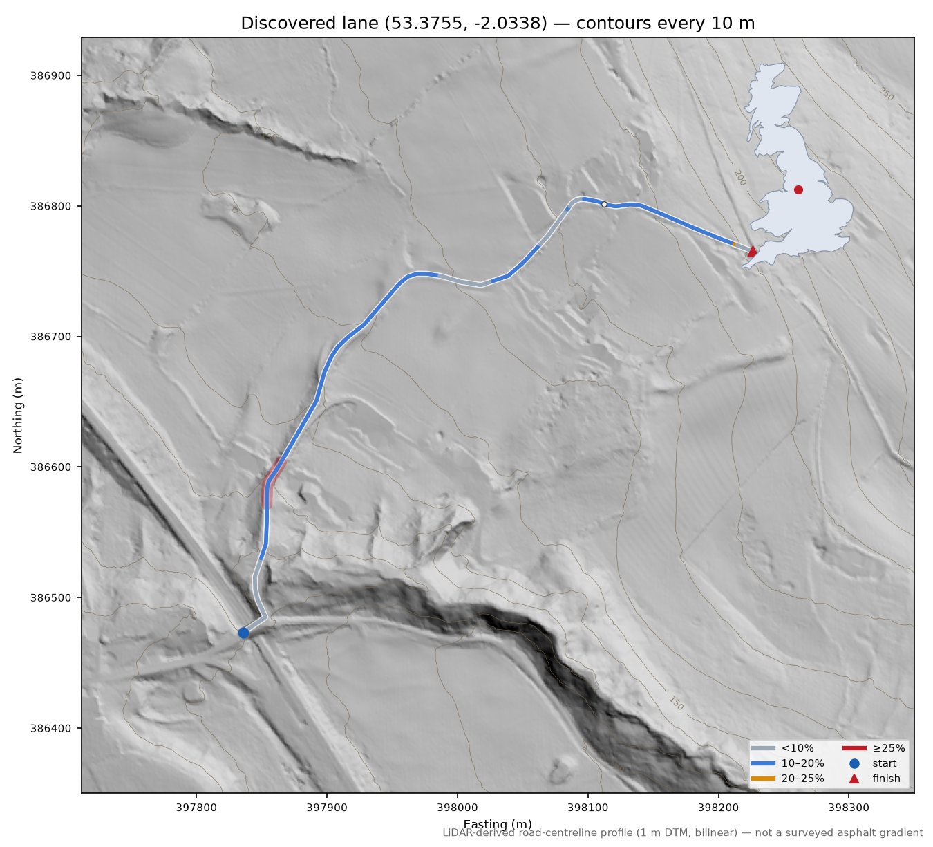 Discovered lane (53.3755, -2.0338) LiDAR hillshade map with contours