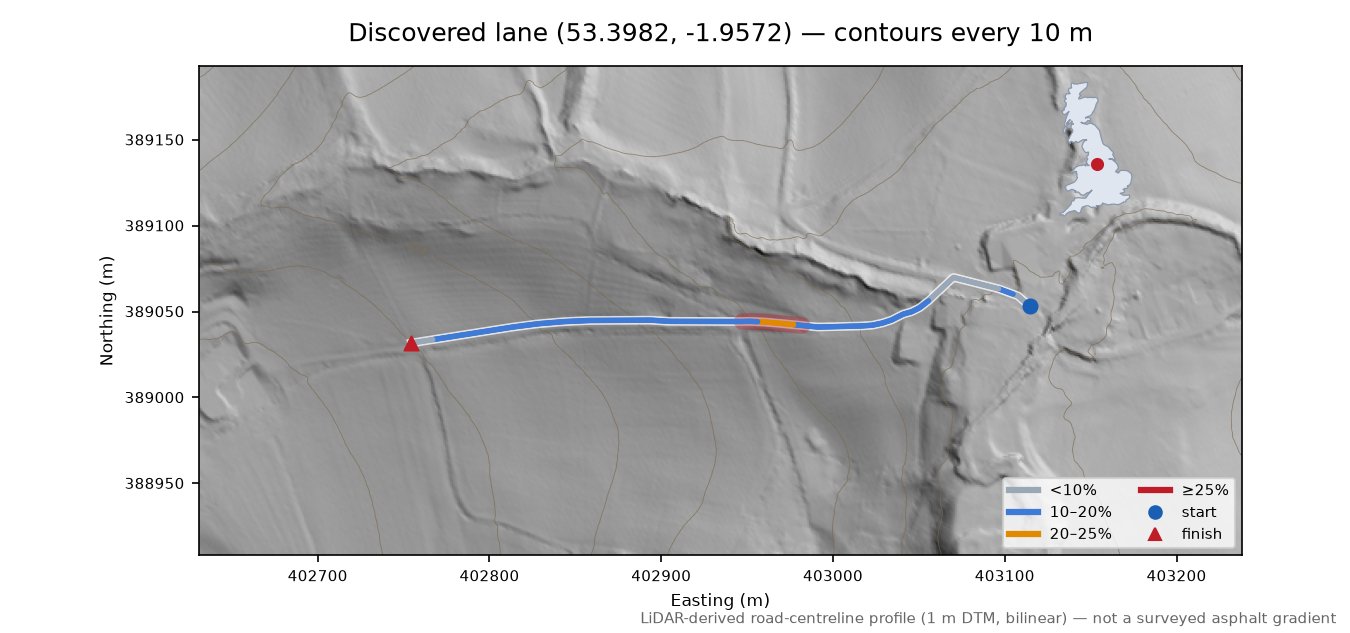 Discovered lane (53.3982, -1.9572) LiDAR hillshade map with contours