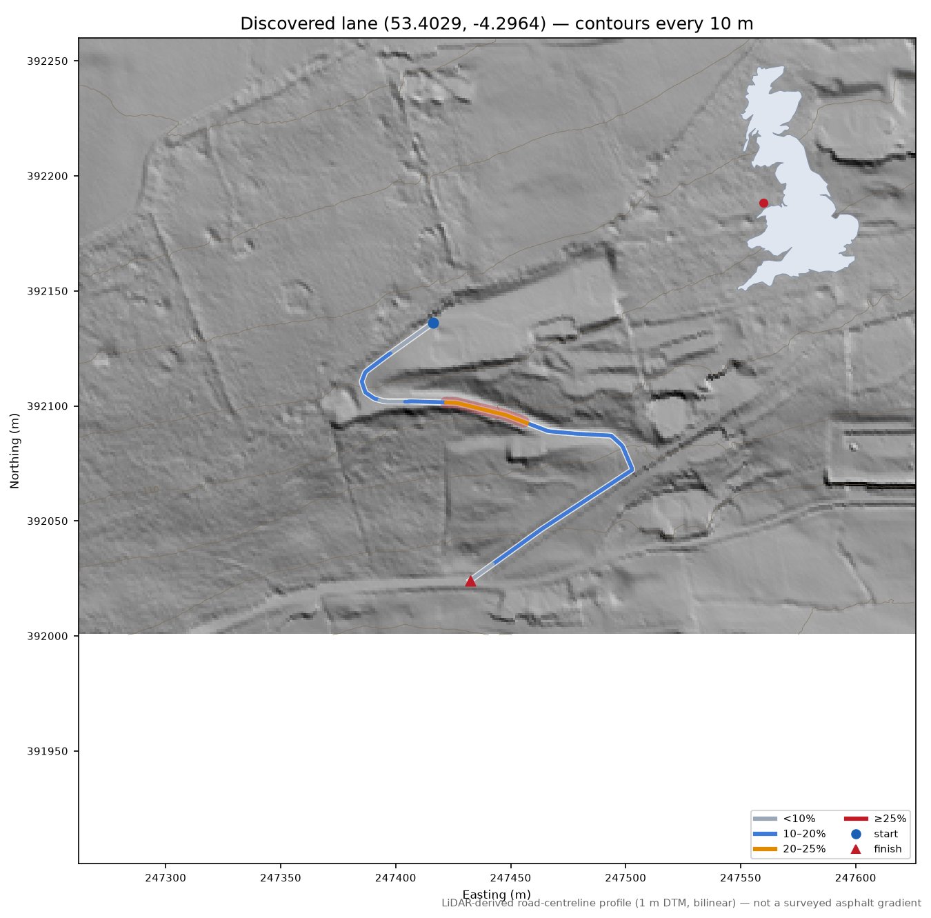 Discovered lane (53.4029, -4.2964) LiDAR hillshade map with contours