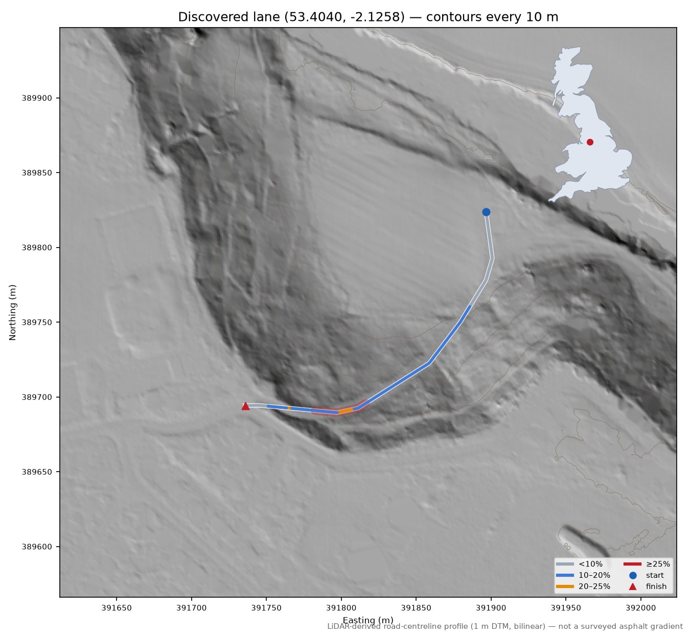 Discovered lane (53.4040, -2.1258) LiDAR hillshade map with contours