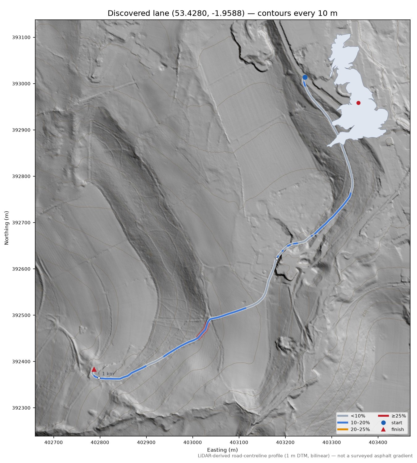 Discovered lane (53.4280, -1.9588) LiDAR hillshade map with contours