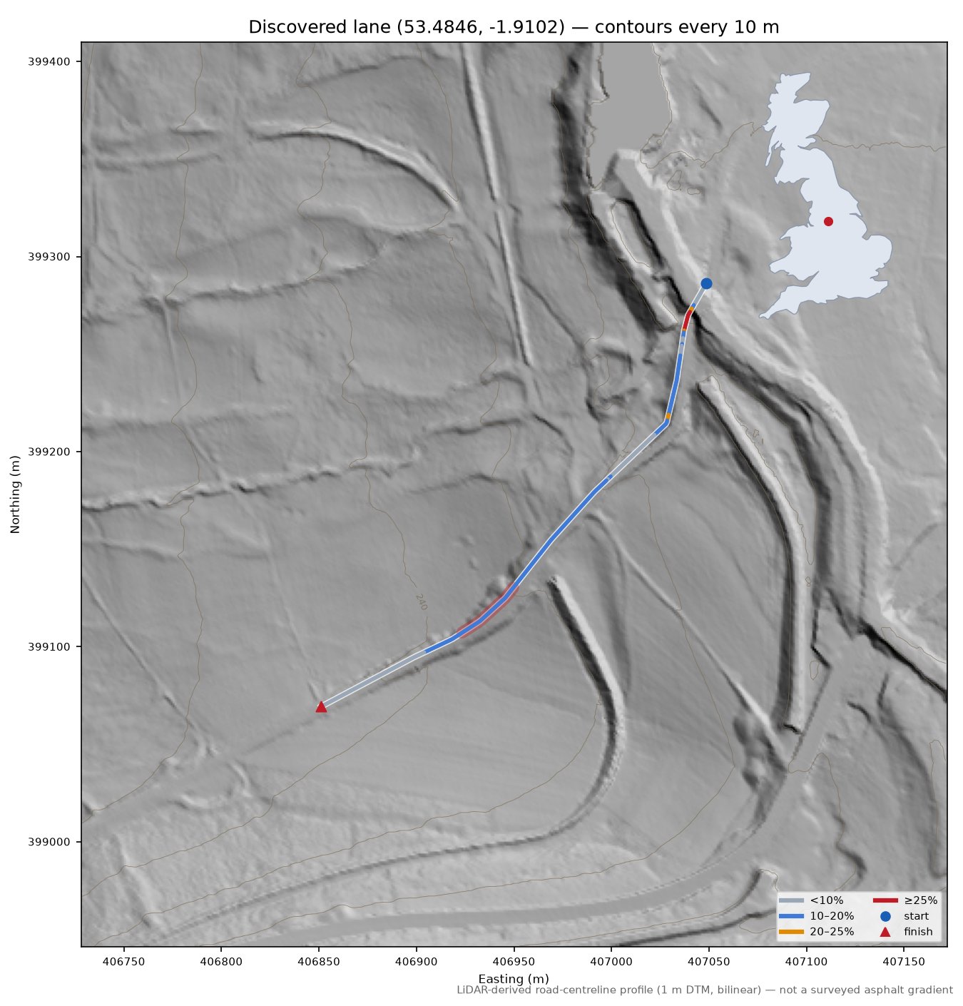 Discovered lane (53.4846, -1.9102) LiDAR hillshade map with contours