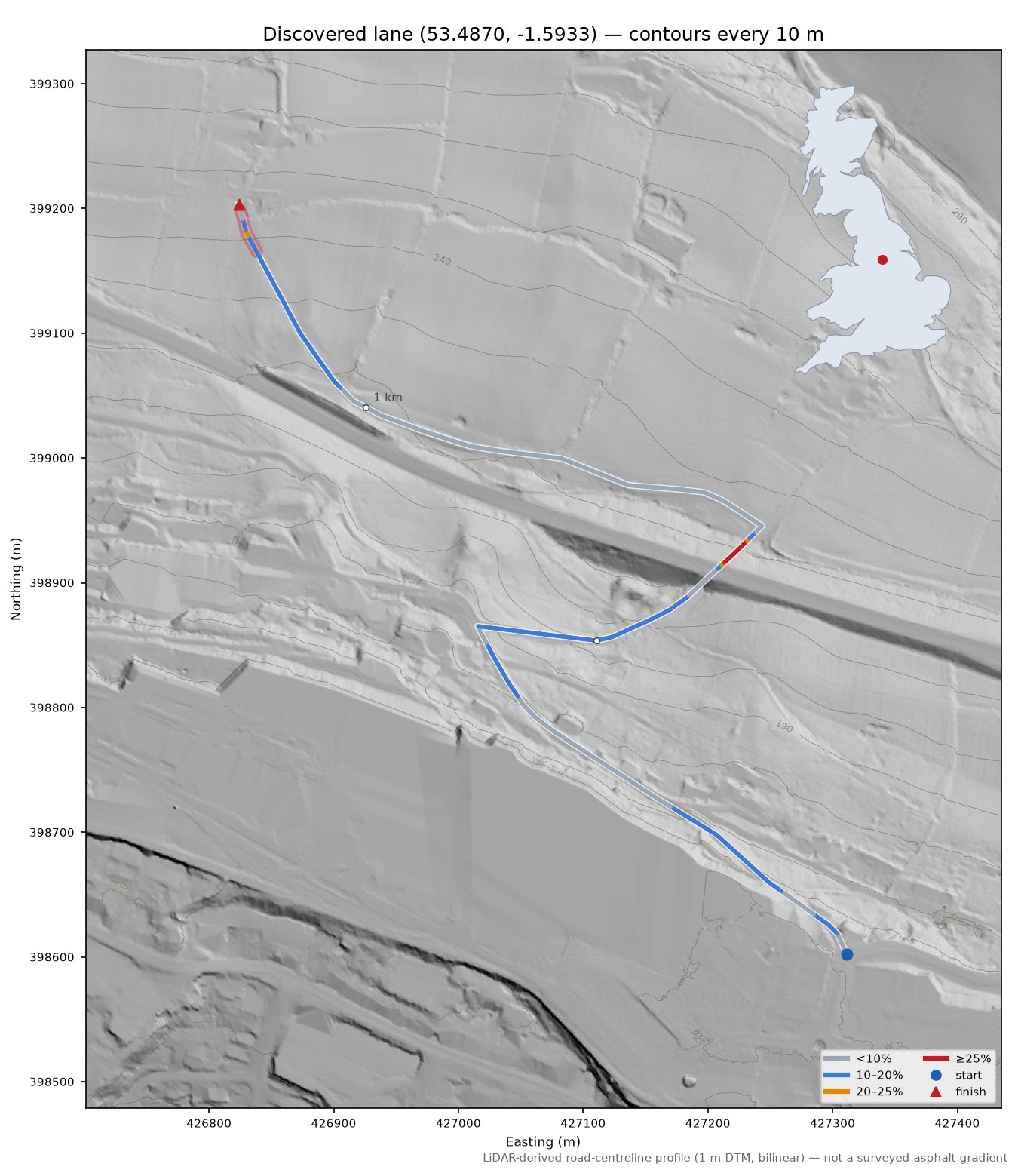 Discovered lane (53.4870, -1.5933) LiDAR hillshade map with contours