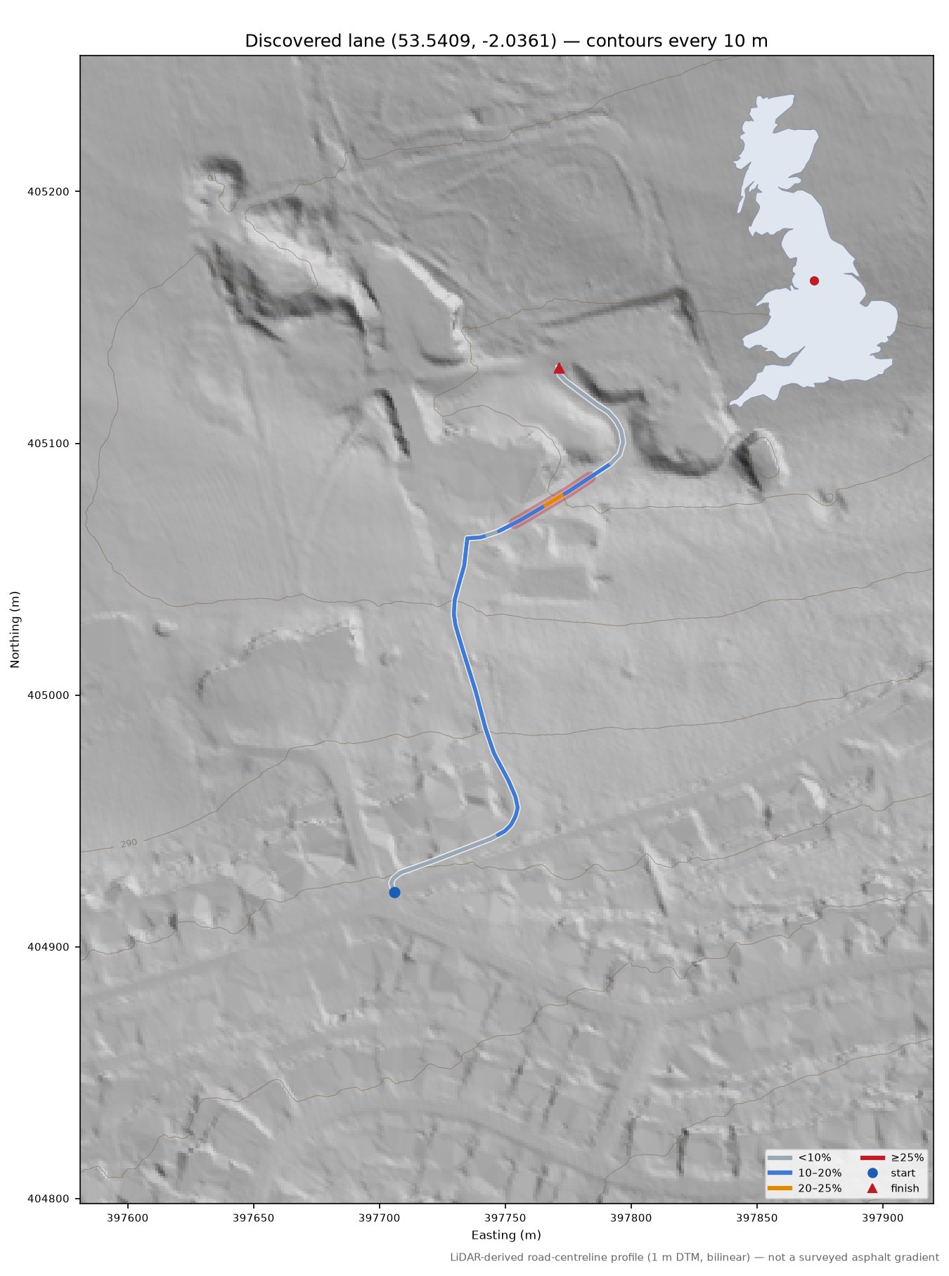 Discovered lane (53.5409, -2.0361) LiDAR hillshade map with contours