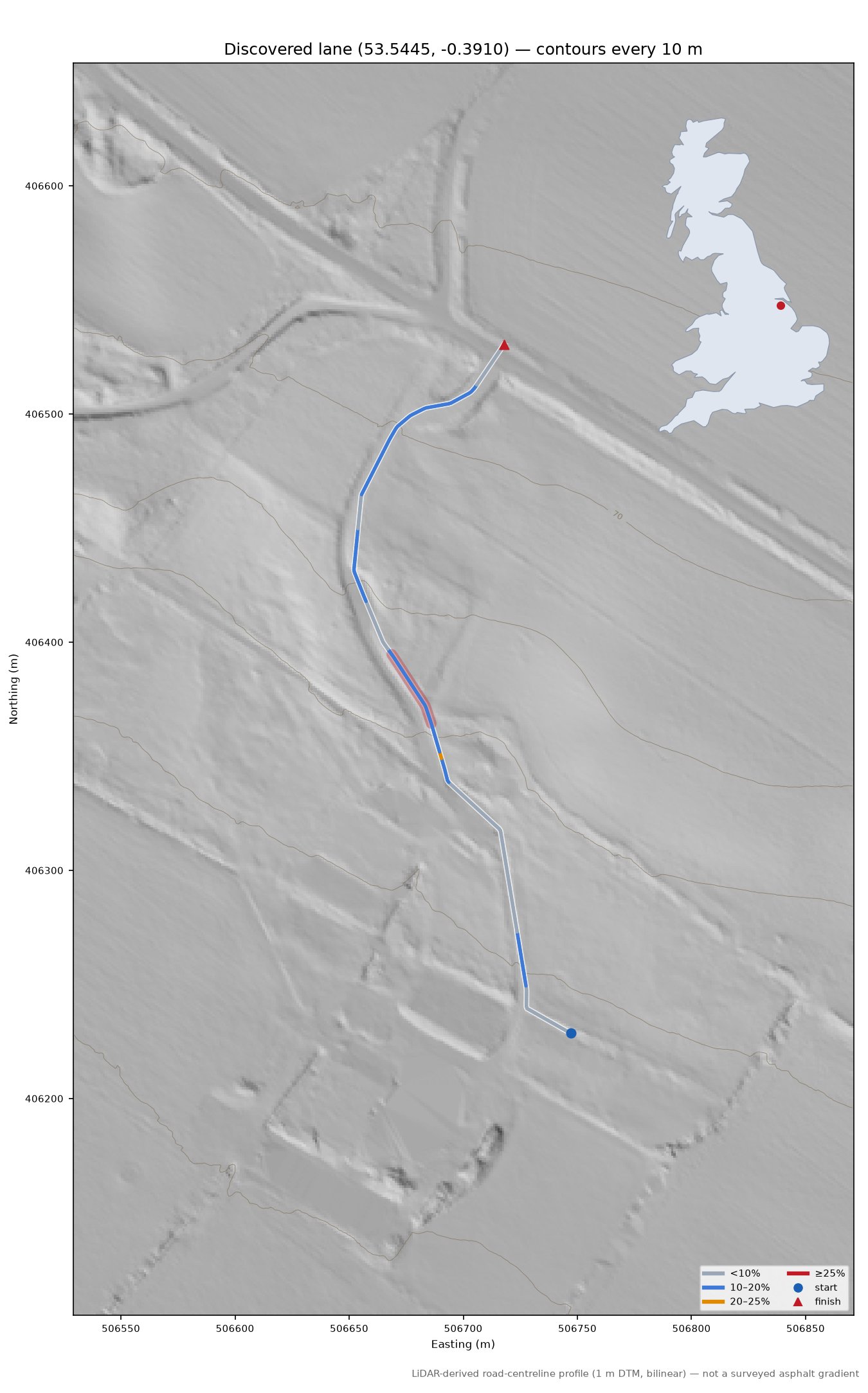 Discovered lane (53.5445, -0.3910) LiDAR hillshade map with contours