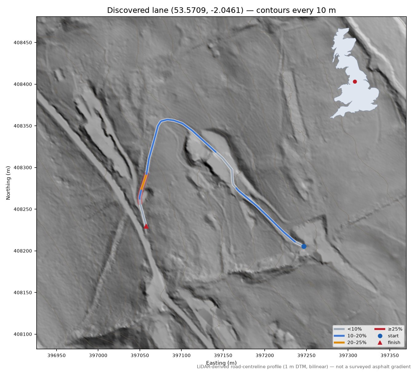Discovered lane (53.5709, -2.0461) LiDAR hillshade map with contours