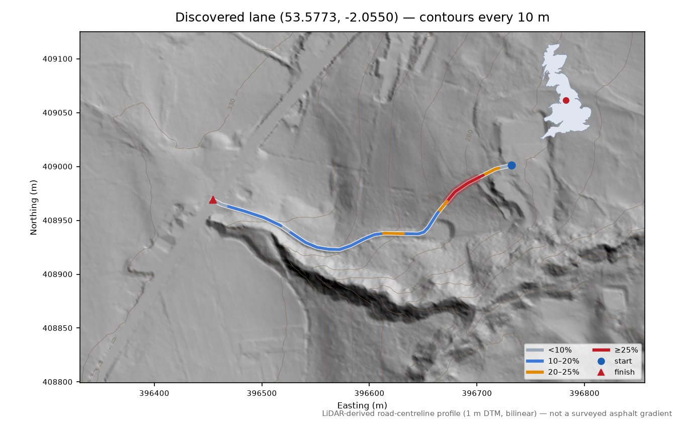 Discovered lane (53.5773, -2.0550) LiDAR hillshade map with contours
