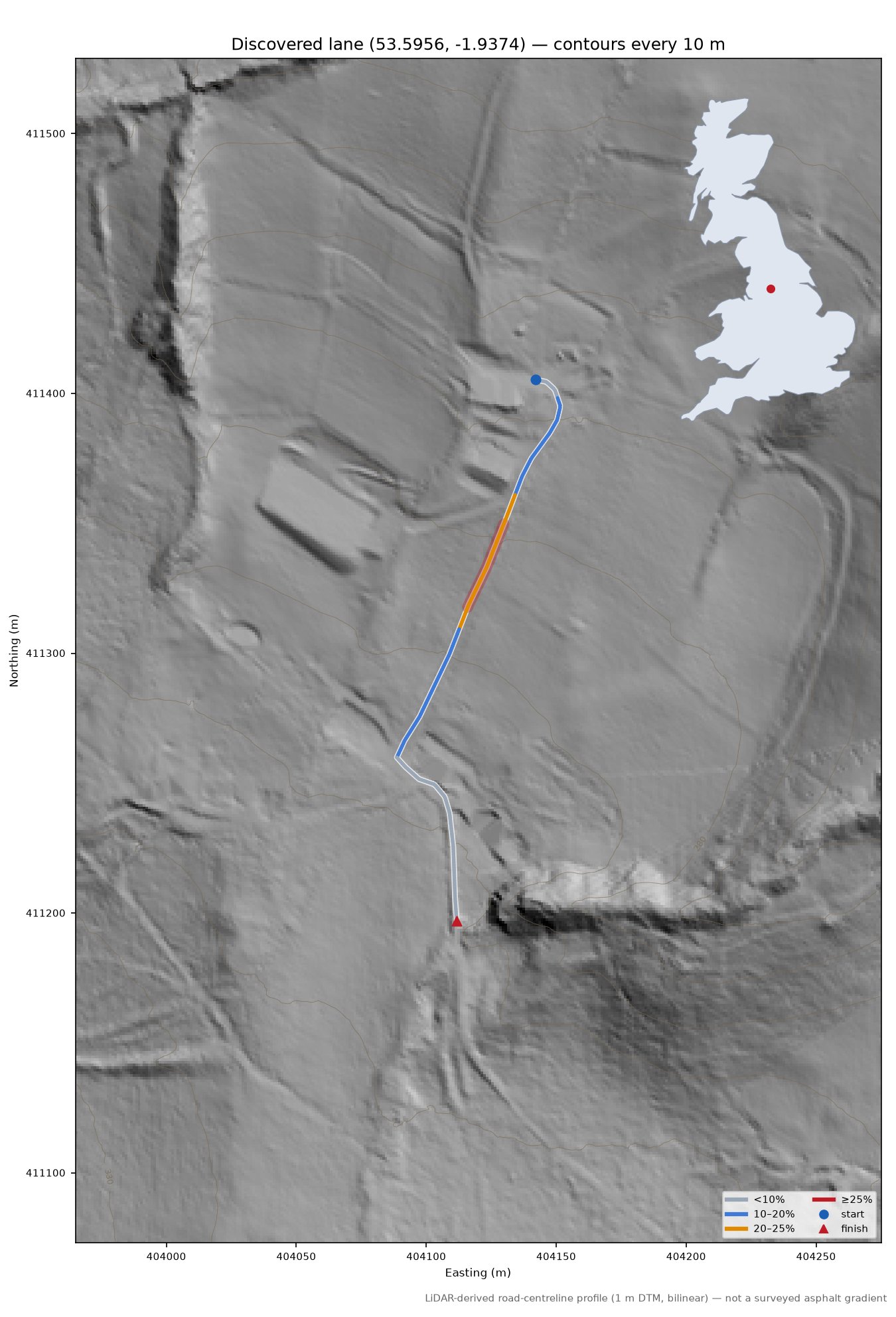 Discovered lane (53.5956, -1.9374) LiDAR hillshade map with contours