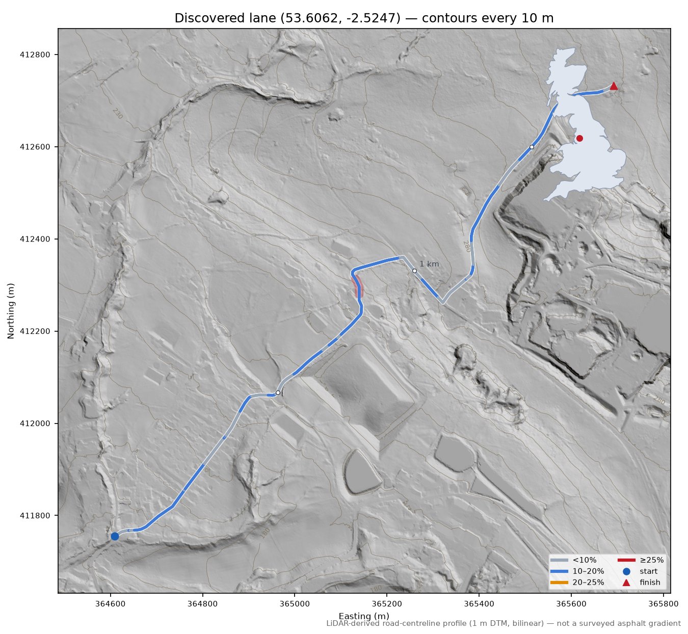 Discovered lane (53.6062, -2.5247) LiDAR hillshade map with contours