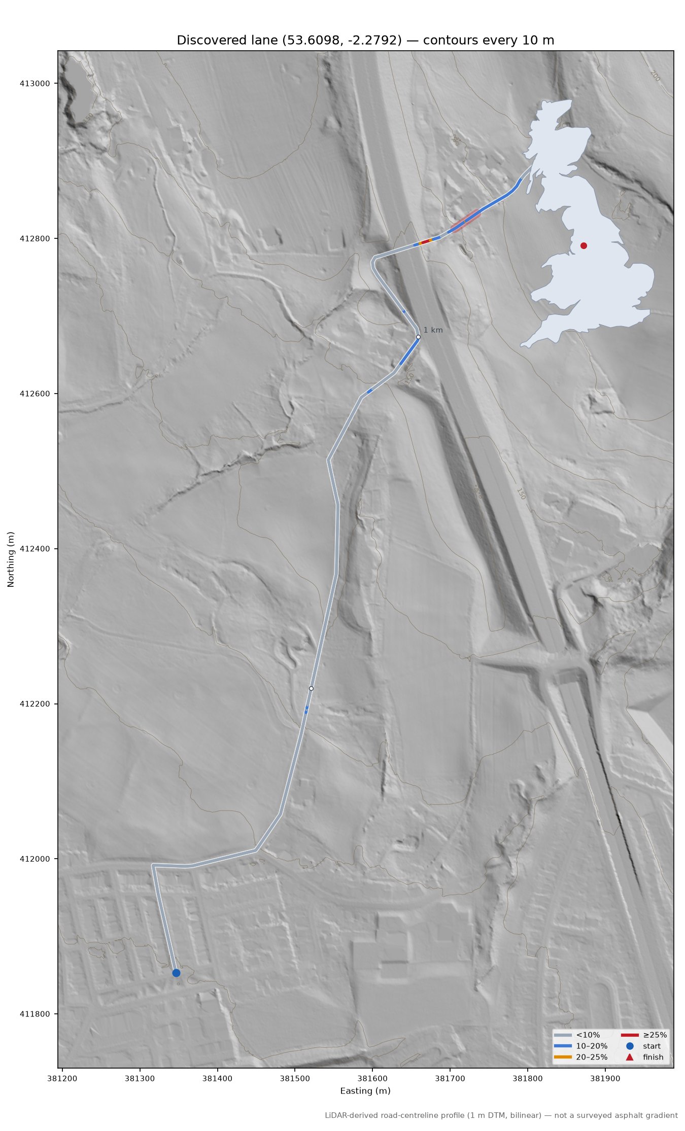 Discovered lane (53.6098, -2.2792) LiDAR hillshade map with contours