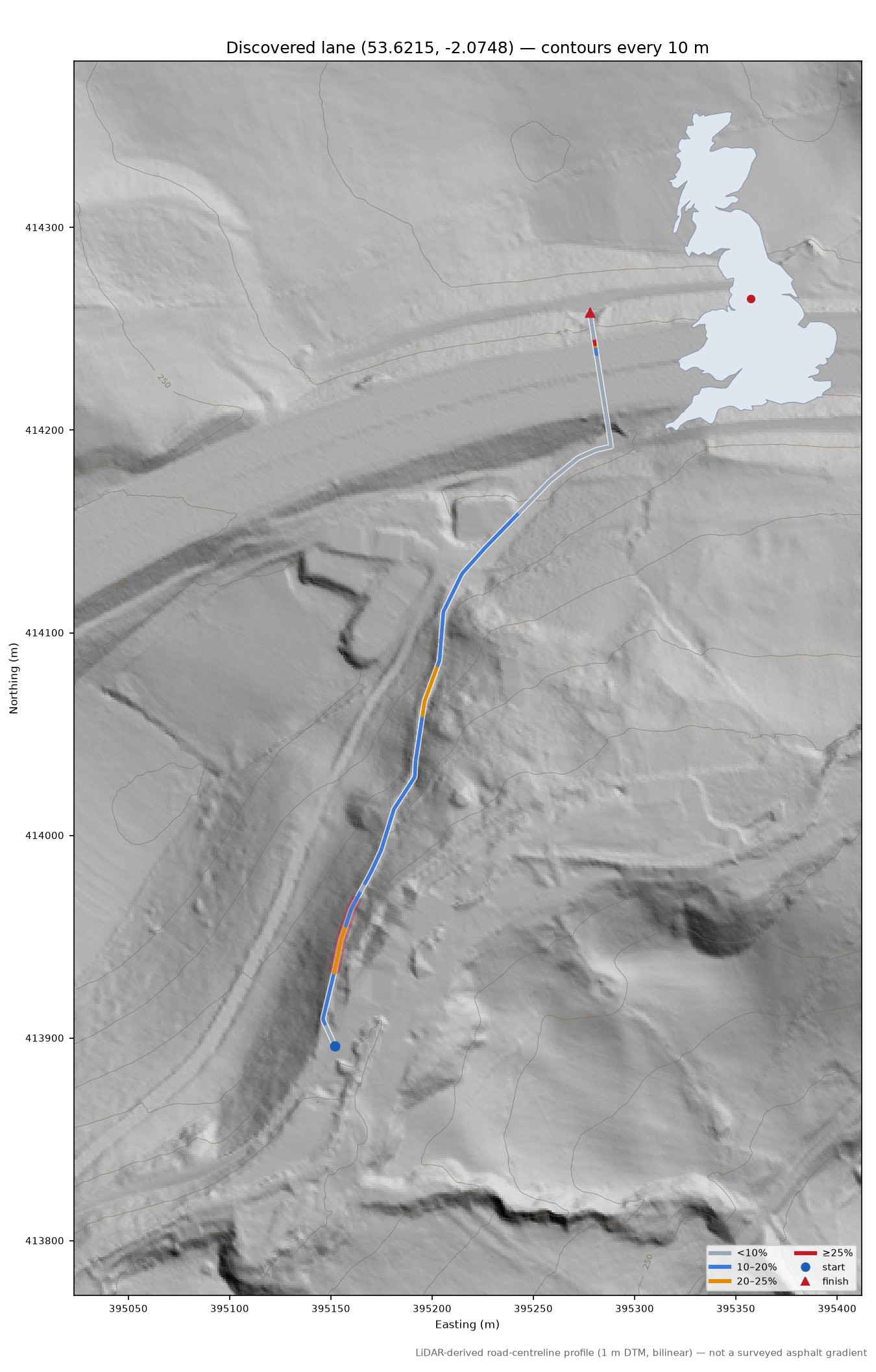 Discovered lane (53.6215, -2.0748) LiDAR hillshade map with contours