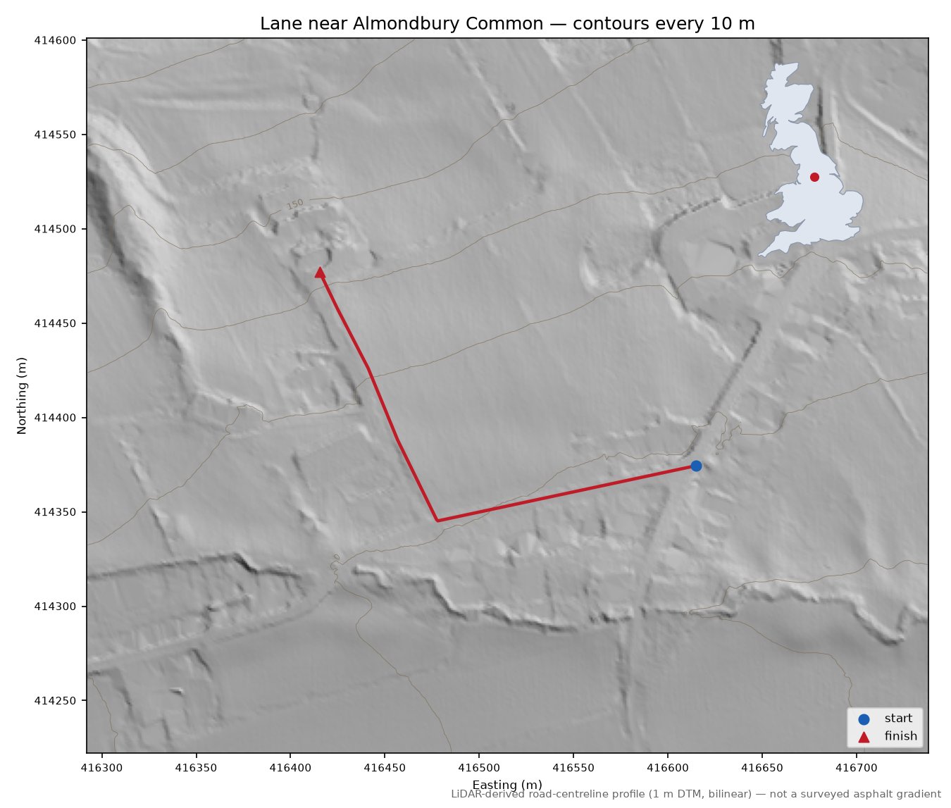 Lane near Almondbury Common LiDAR hillshade map with contours