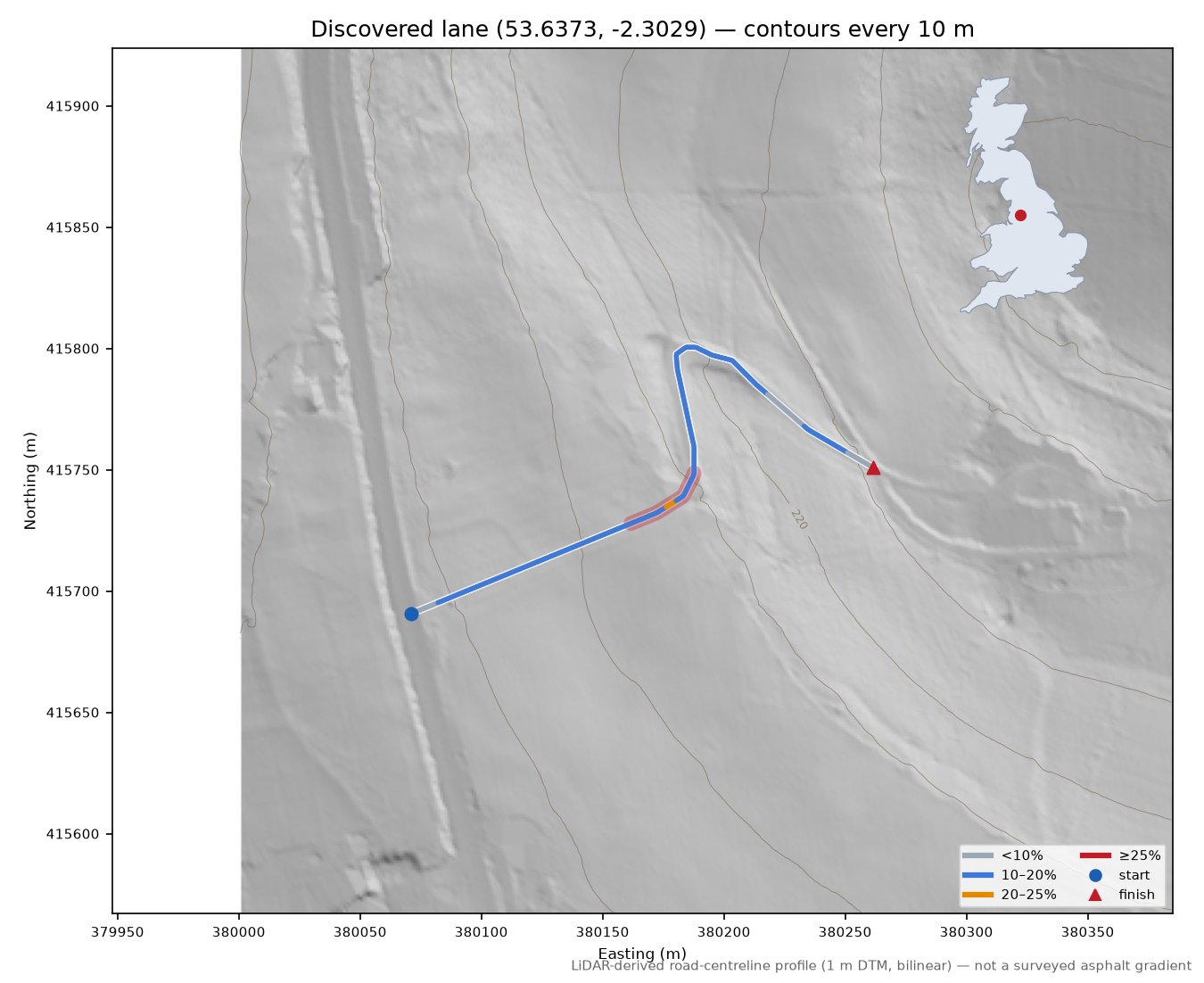 Discovered lane (53.6373, -2.3029) LiDAR hillshade map with contours
