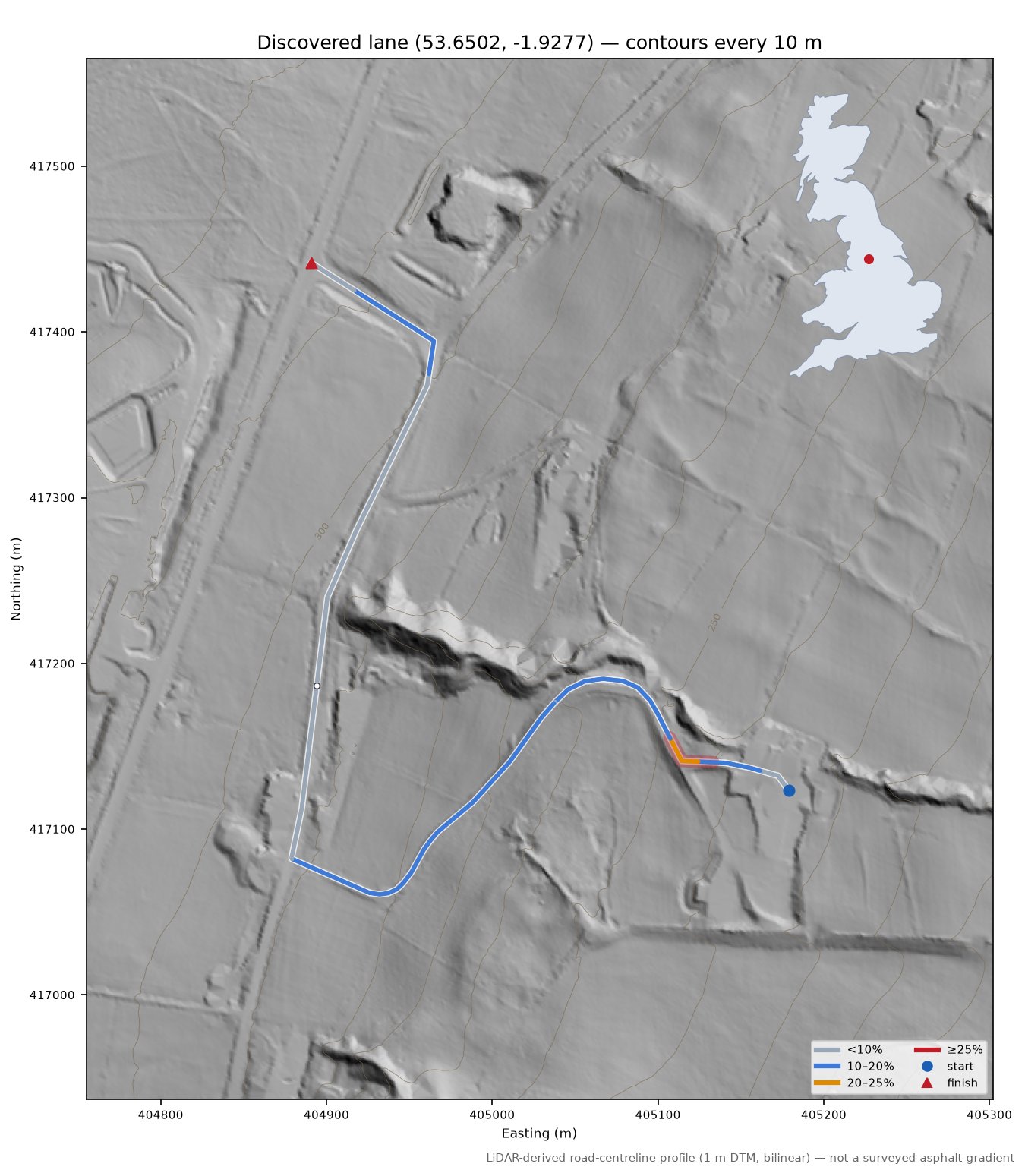 Discovered lane (53.6502, -1.9277) LiDAR hillshade map with contours
