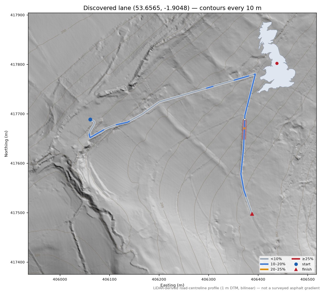 Discovered lane (53.6565, -1.9048) LiDAR hillshade map with contours