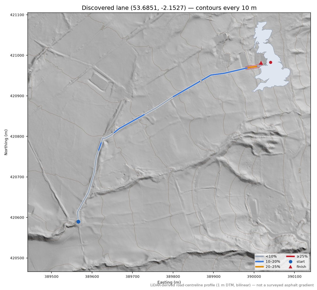 Discovered lane (53.6851, -2.1527) LiDAR hillshade map with contours