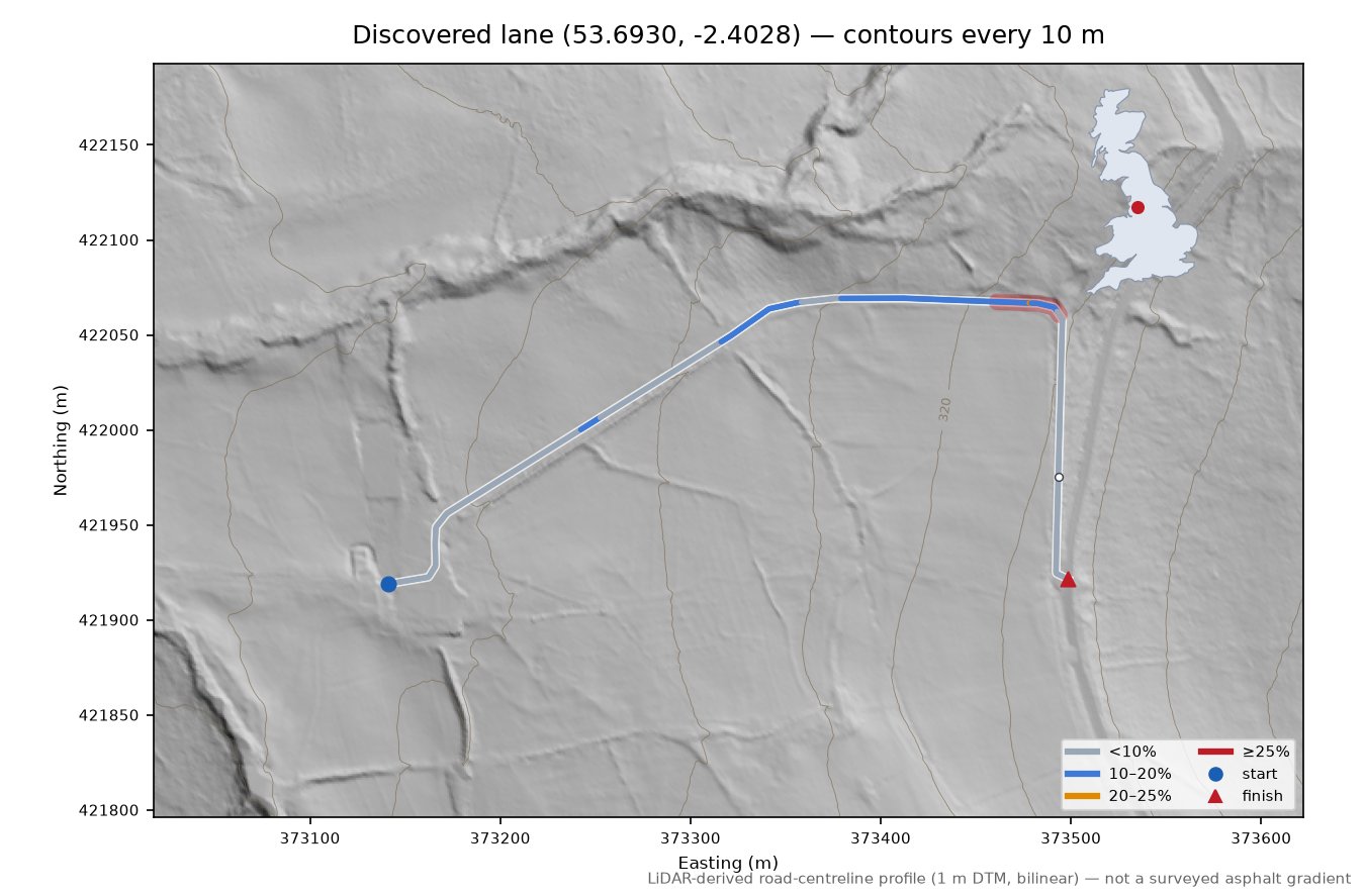 Discovered lane (53.6930, -2.4028) LiDAR hillshade map with contours