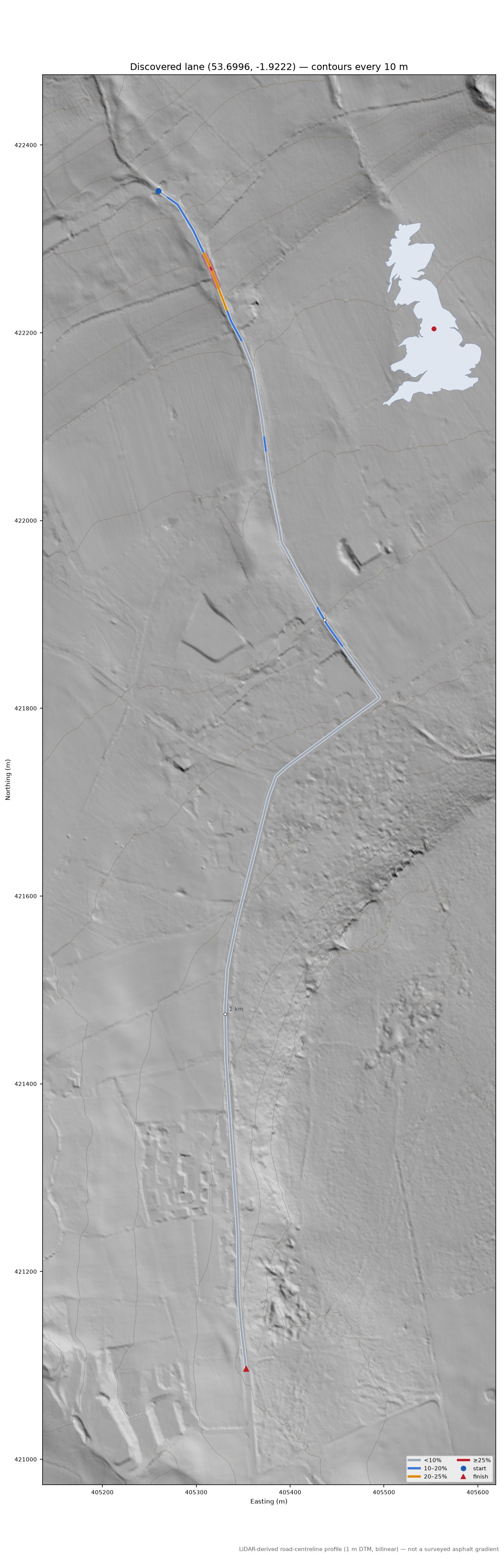 Discovered lane (53.6996, -1.9222) LiDAR hillshade map with contours
