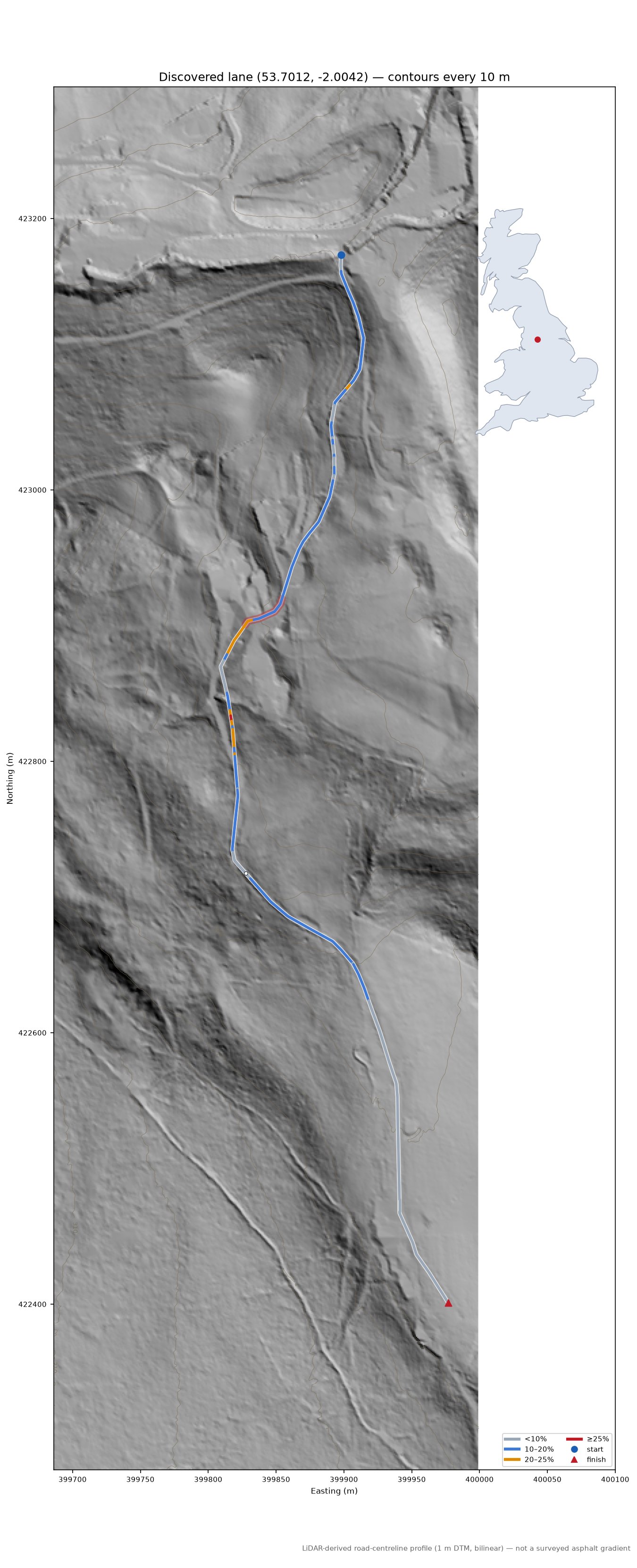 Discovered lane (53.7012, -2.0042) LiDAR hillshade map with contours