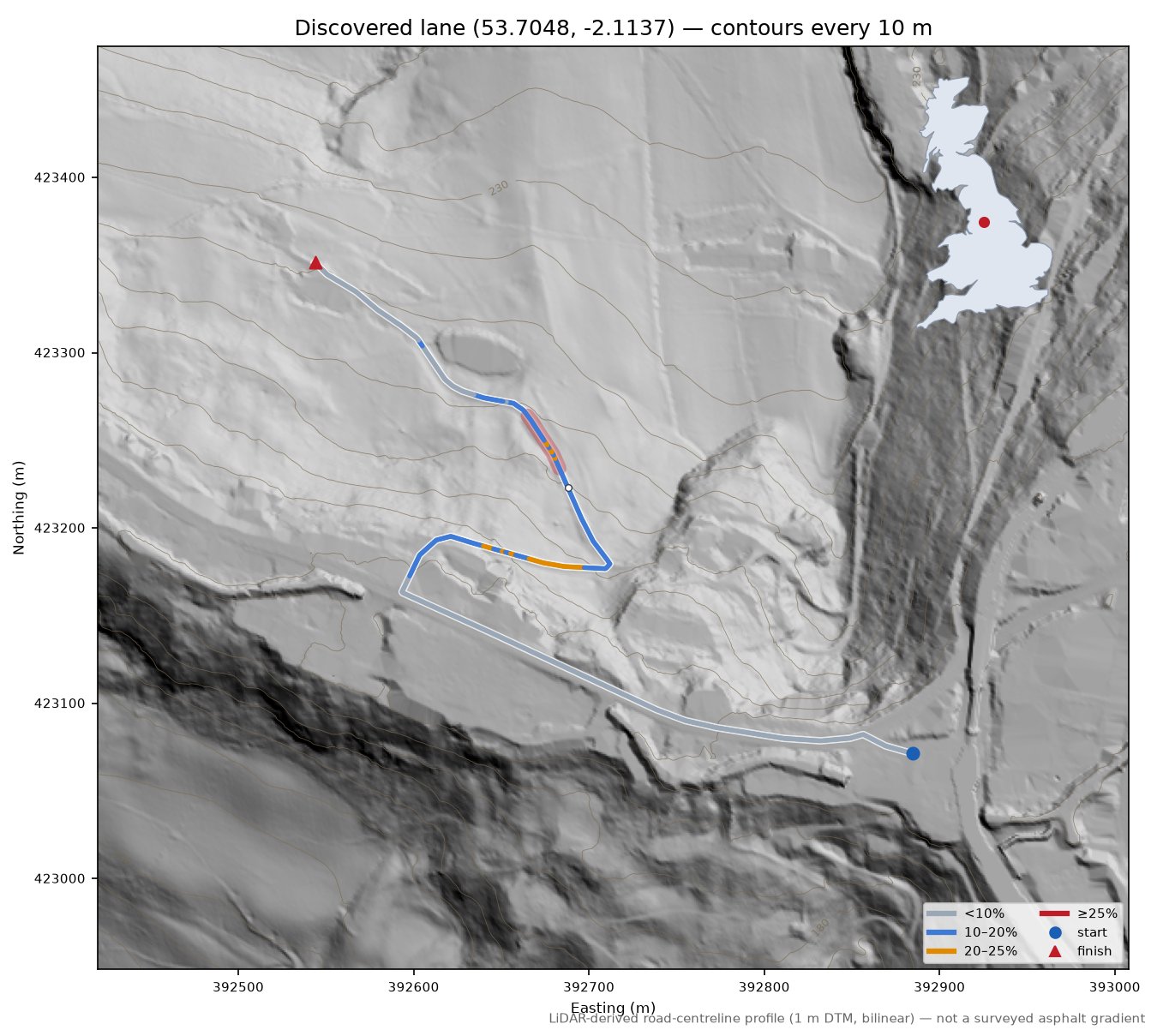 Discovered lane (53.7048, -2.1137) LiDAR hillshade map with contours