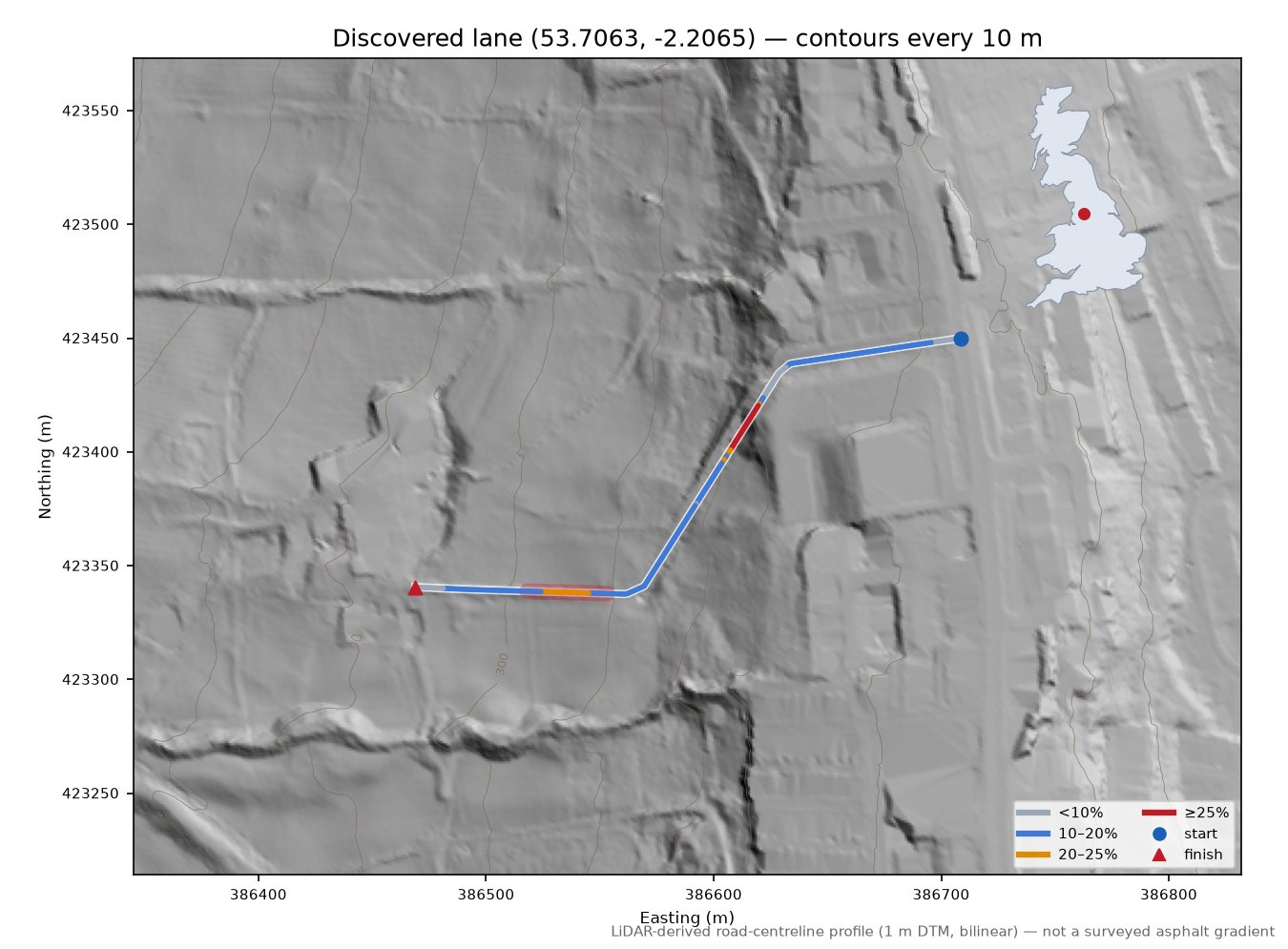 Discovered lane (53.7063, -2.2065) LiDAR hillshade map with contours