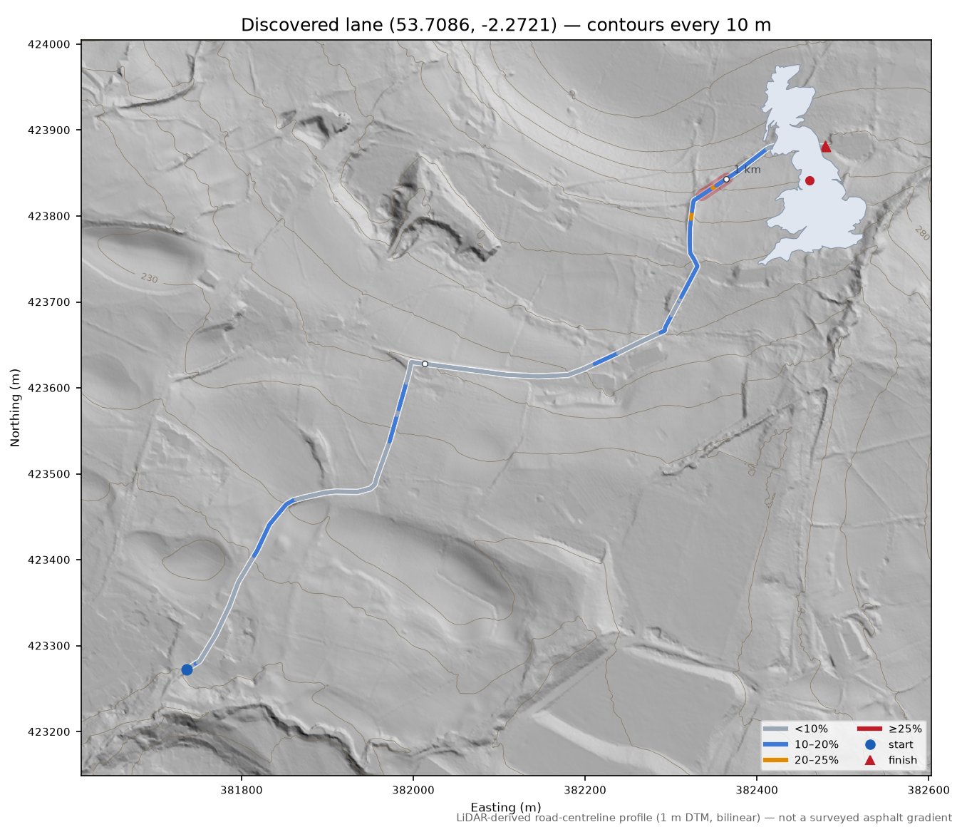 Discovered lane (53.7086, -2.2721) LiDAR hillshade map with contours