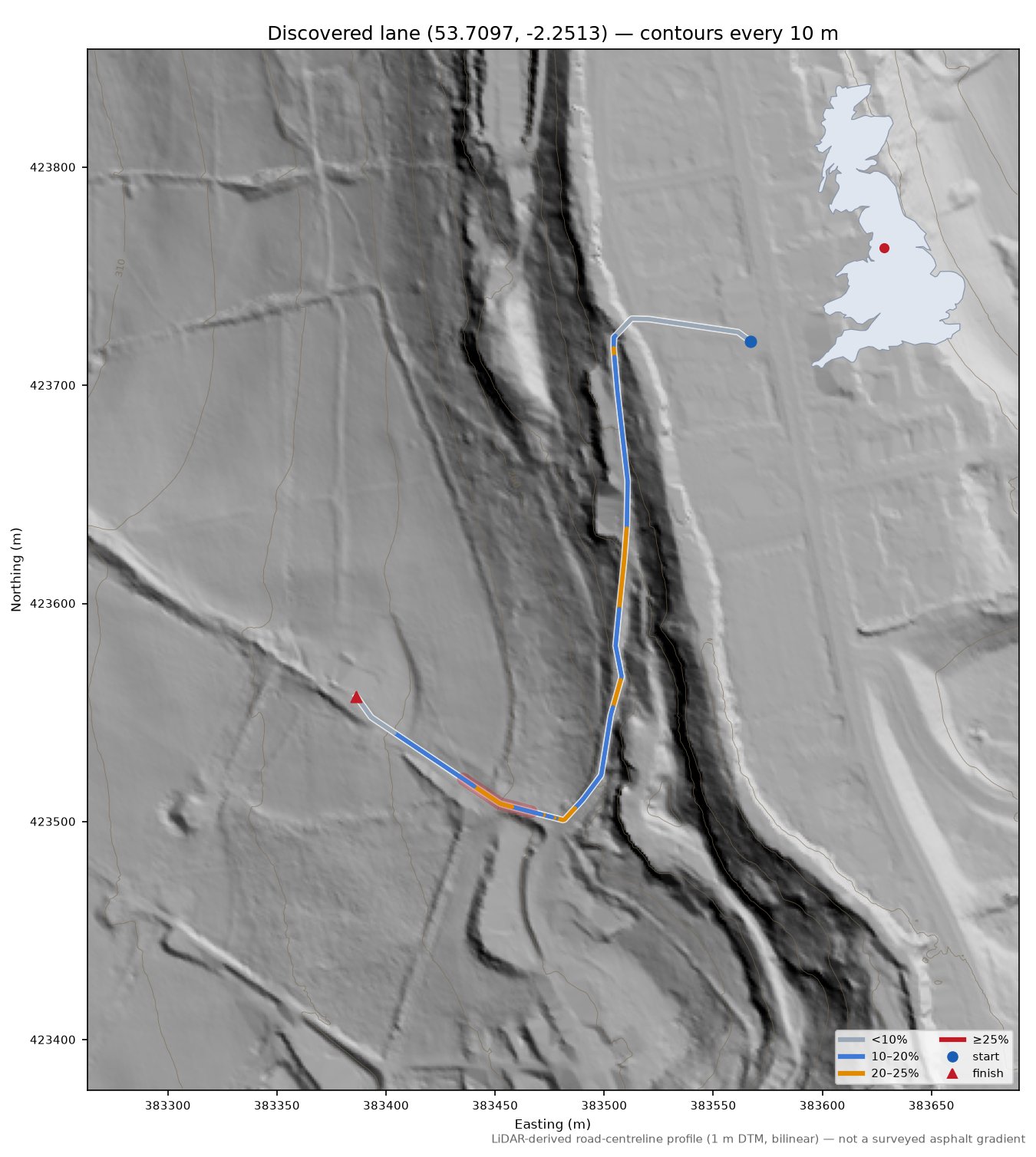 Discovered lane (53.7097, -2.2513) LiDAR hillshade map with contours