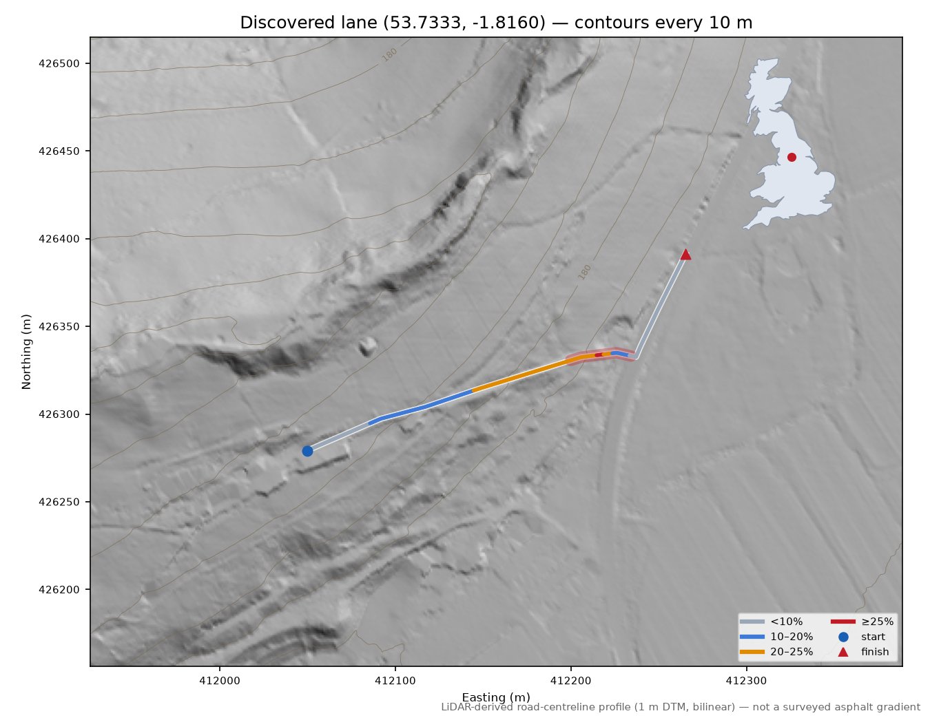 Discovered lane (53.7333, -1.8160) LiDAR hillshade map with contours