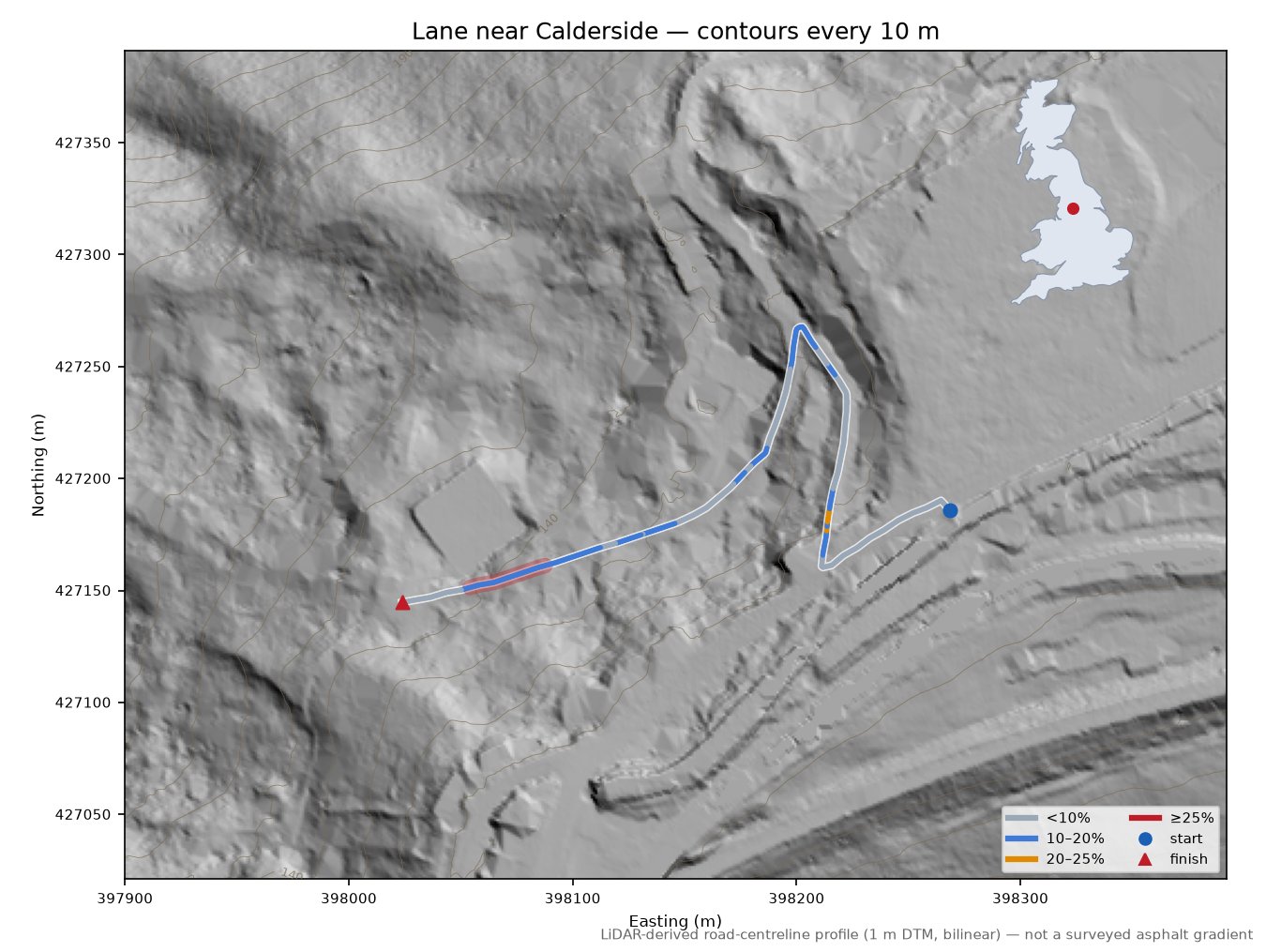 Lane near Calderside LiDAR hillshade map with contours