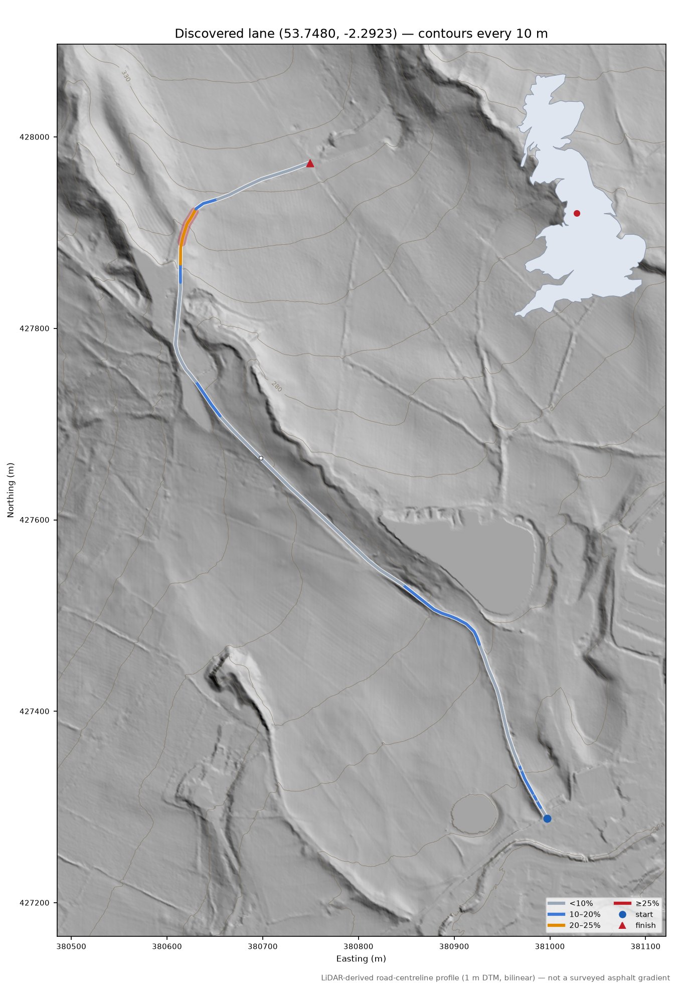 Discovered lane (53.7480, -2.2923) LiDAR hillshade map with contours