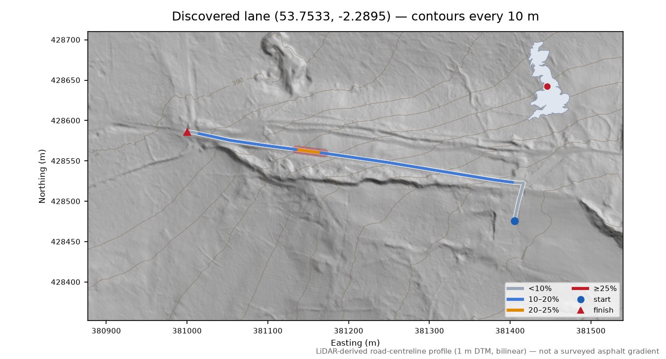 Discovered lane (53.7533, -2.2895) LiDAR hillshade map with contours