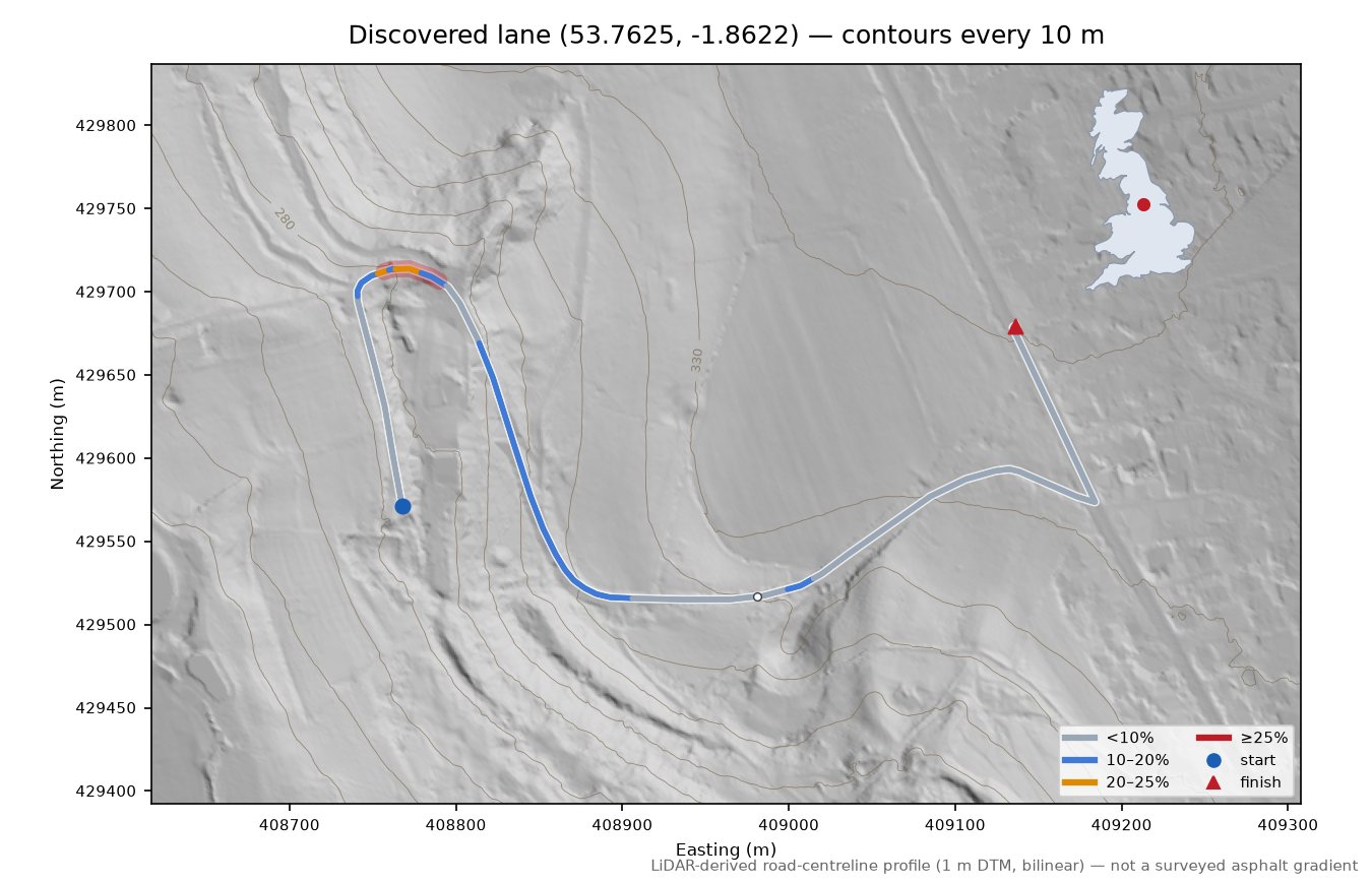 Discovered lane (53.7625, -1.8622) LiDAR hillshade map with contours