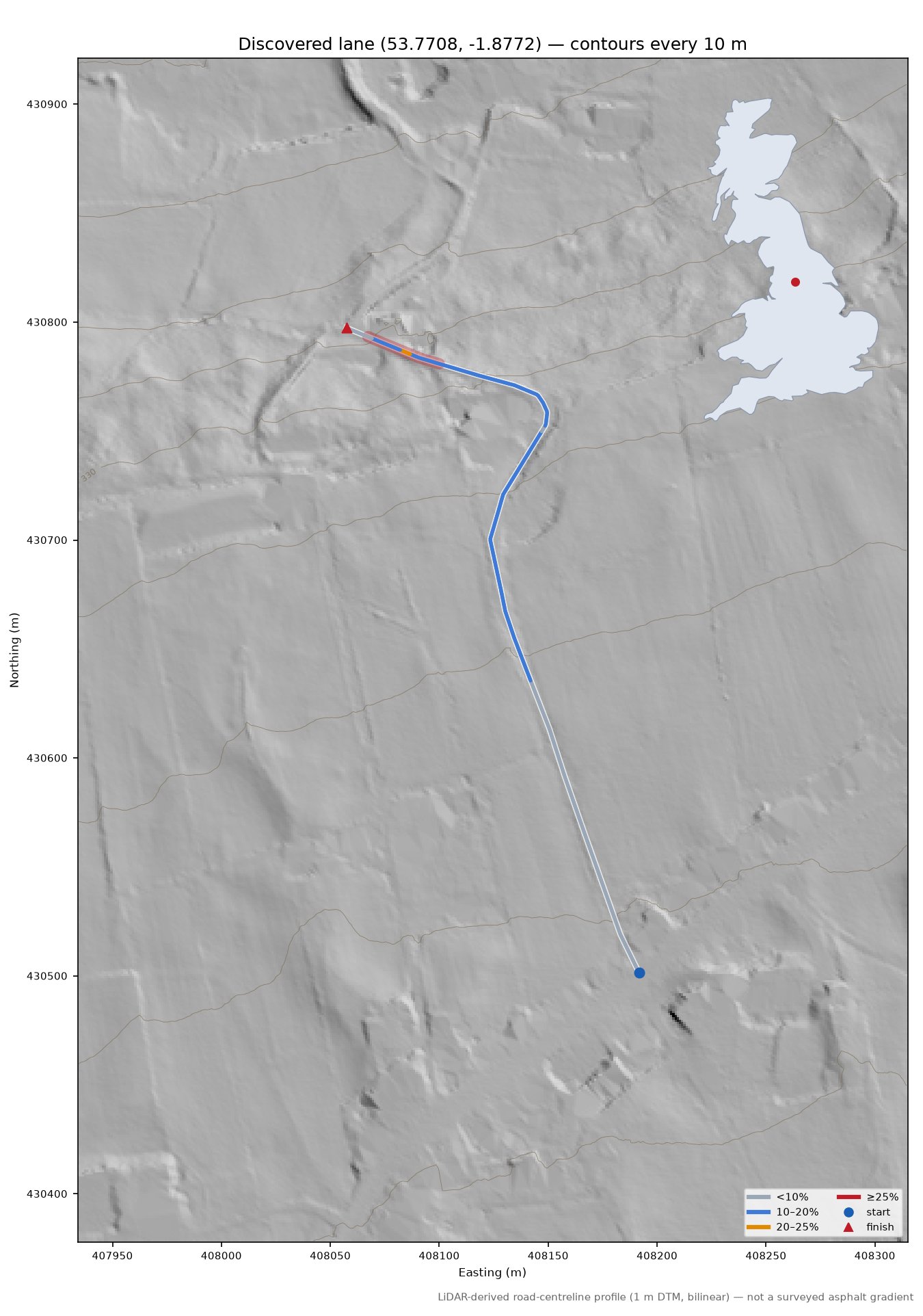 Discovered lane (53.7708, -1.8772) LiDAR hillshade map with contours