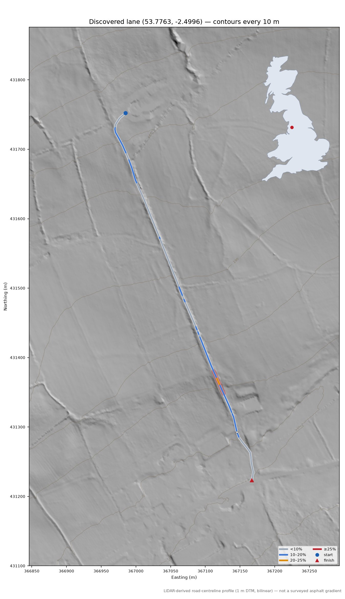 Discovered lane (53.7763, -2.4996) LiDAR hillshade map with contours