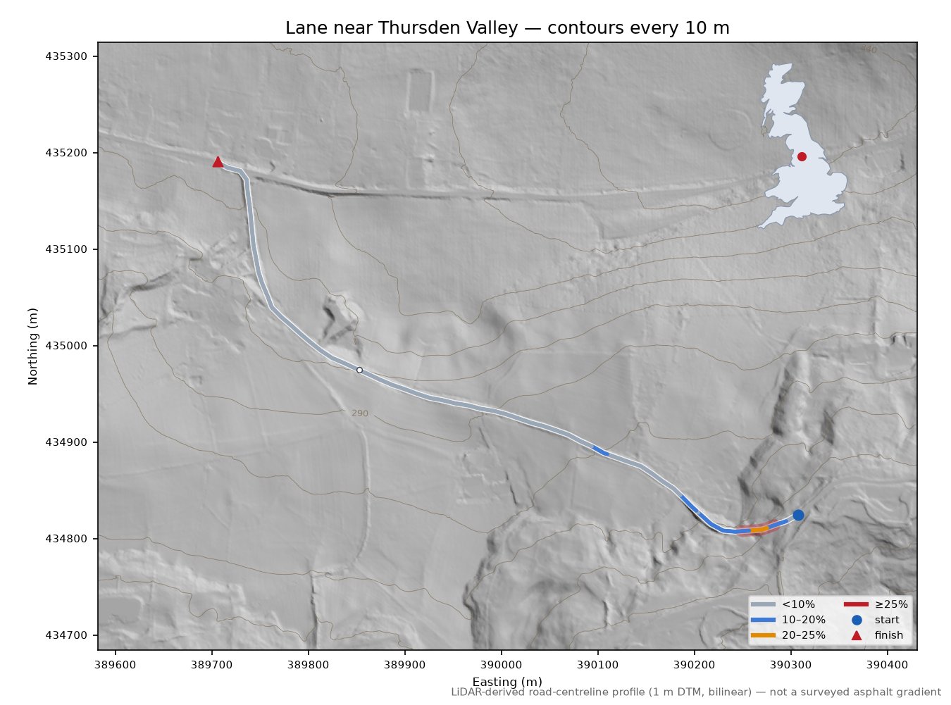 Lane near Thursden Valley LiDAR hillshade map with contours