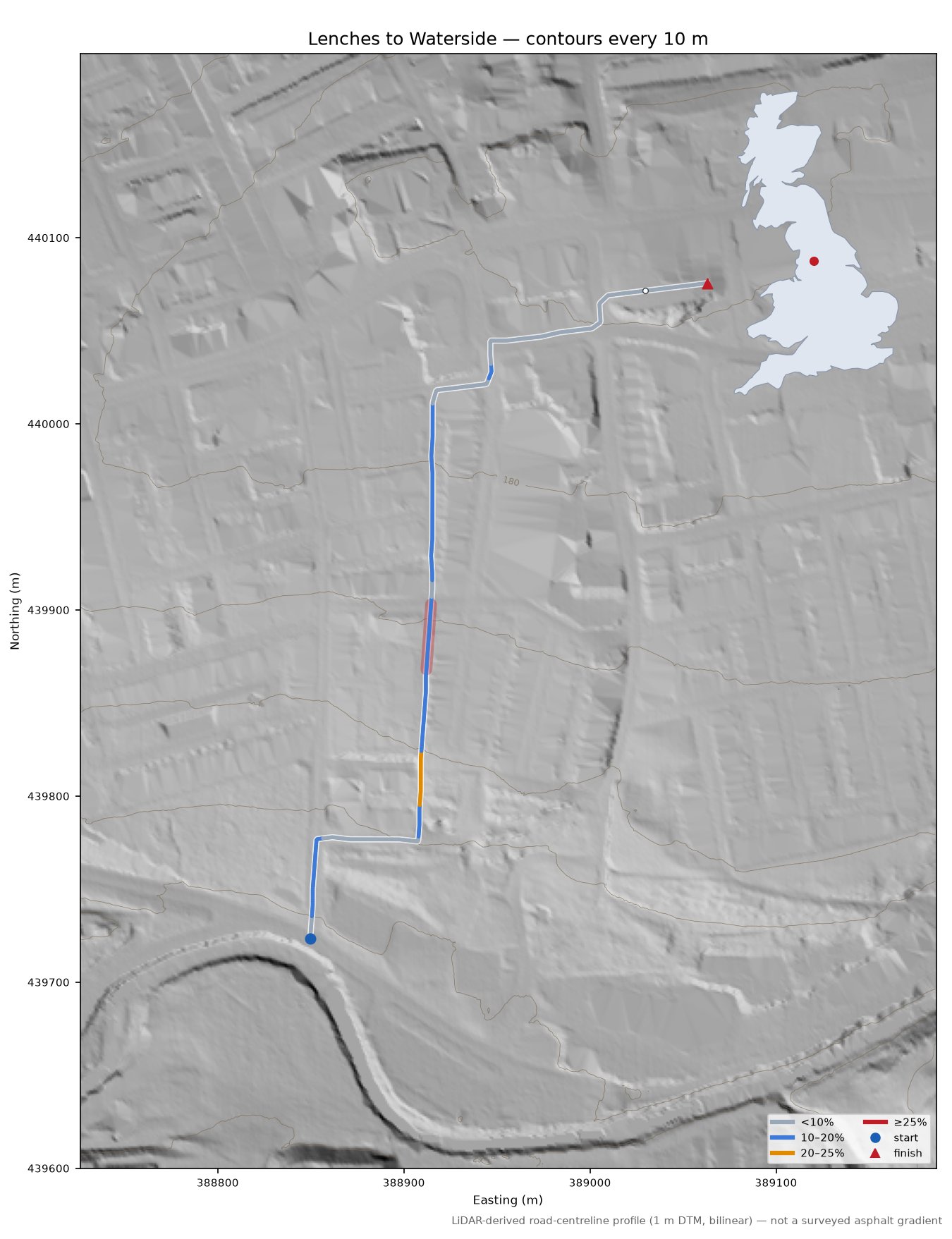 Lenches to Waterside LiDAR hillshade map with contours