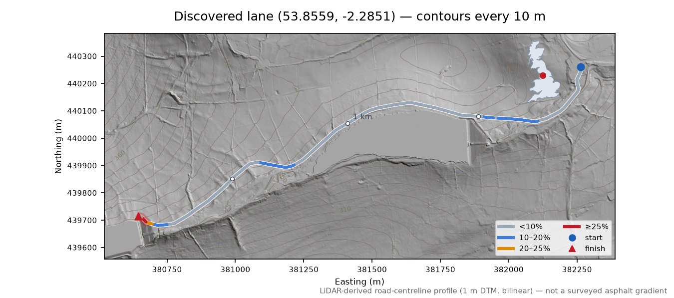 Discovered lane (53.8559, -2.2851) LiDAR hillshade map with contours
