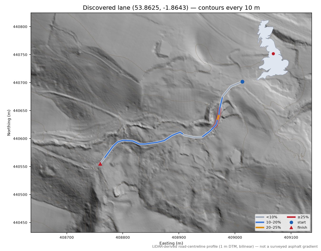 Discovered lane (53.8625, -1.8643) LiDAR hillshade map with contours